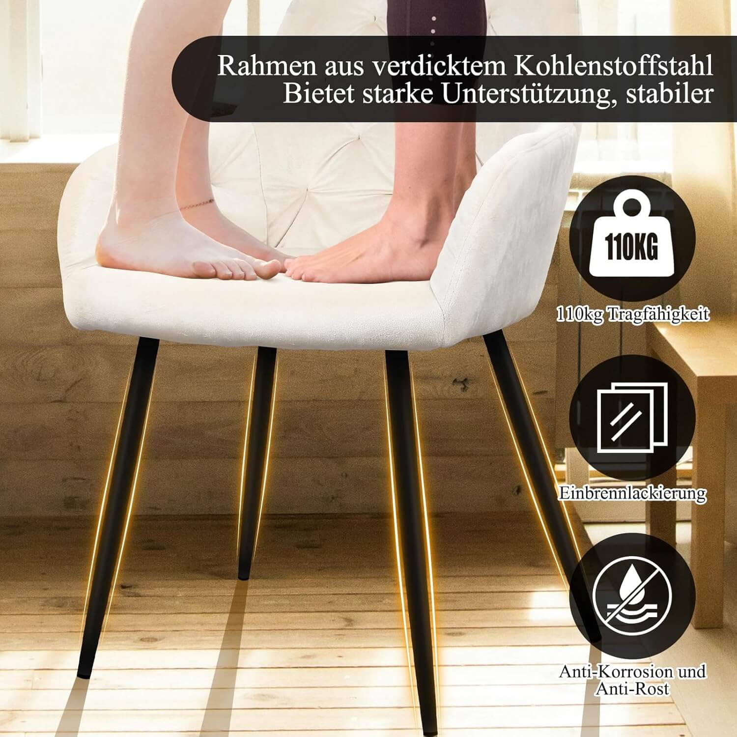 HOMELUX Esszimmerstuhl 2er Set, Polsterstuhl mit Armlehnen, Sitzfläche aus Samt & Metallbeine, Küchenstuhl Wohnzimmerstuhl Stühle - Image 2
