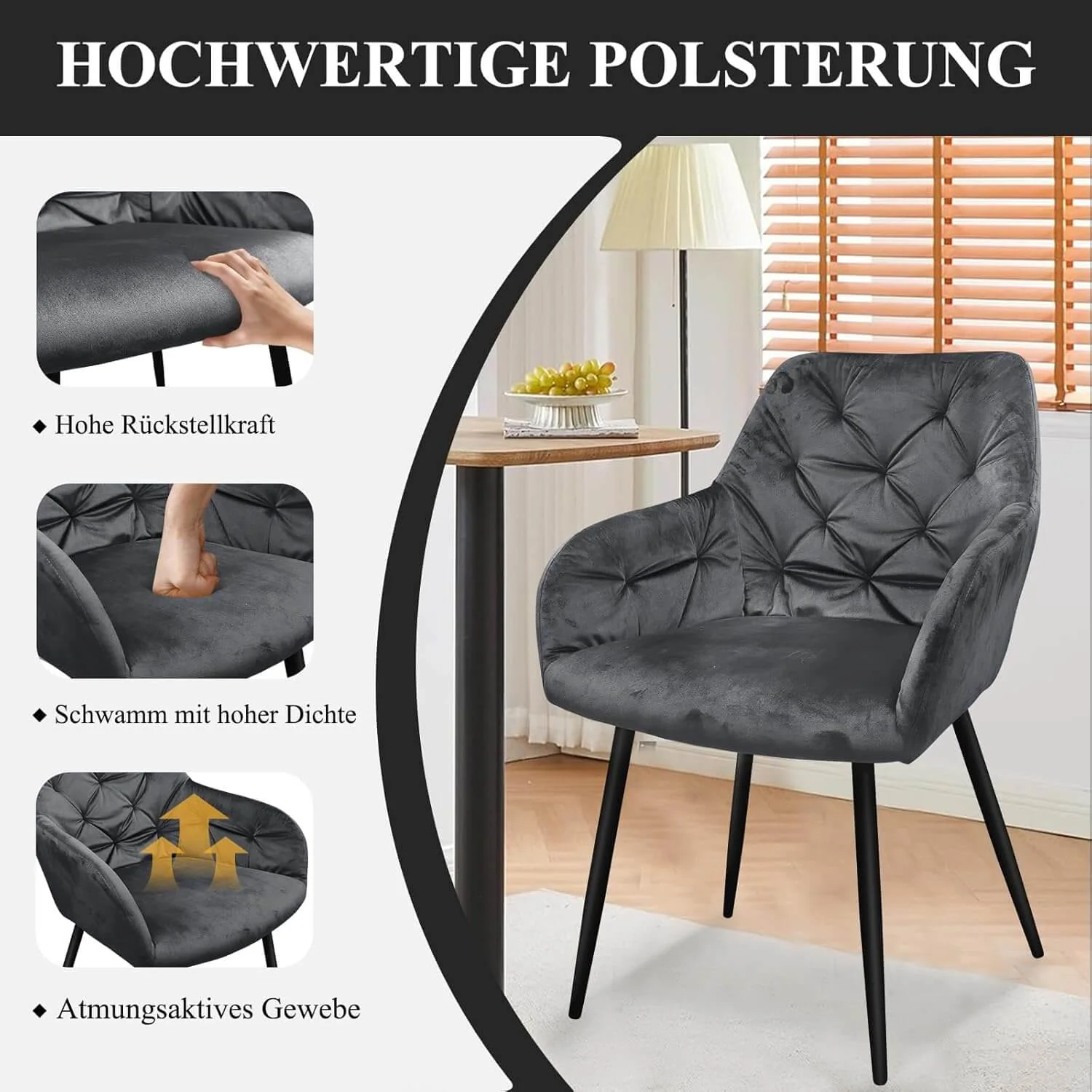 HOMELUX Esszimmerstuhl 2er Set, Polsterstuhl mit Armlehnen, Sitzfläche aus Samt & Metallbeine, Küchenstuhl Wohnzimmerstuhl Stühle - Image 7