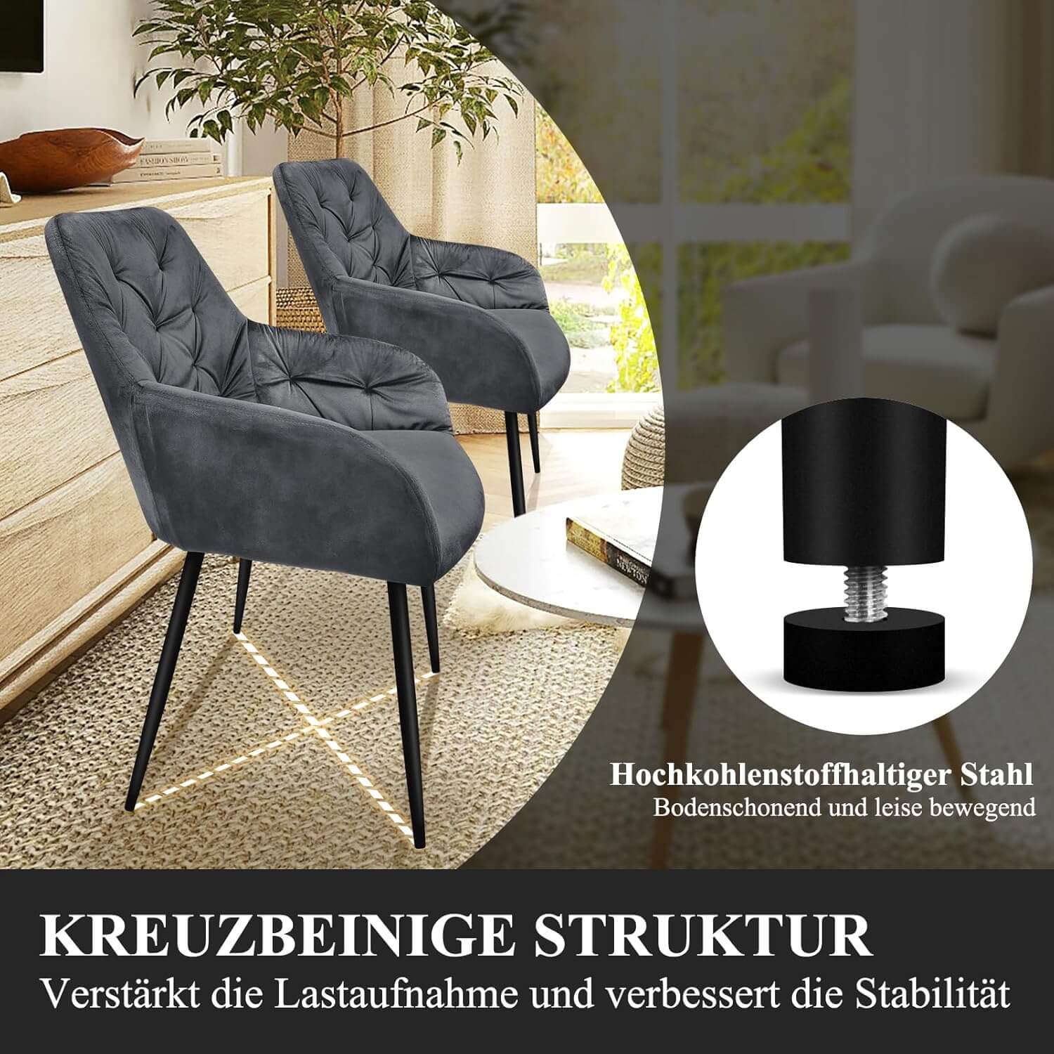 HOMELUX Esszimmerstuhl 2er Set, Polsterstuhl mit Armlehnen, Sitzfläche aus Samt & Metallbeine, Küchenstuhl Wohnzimmerstuhl Stühle - Image 8