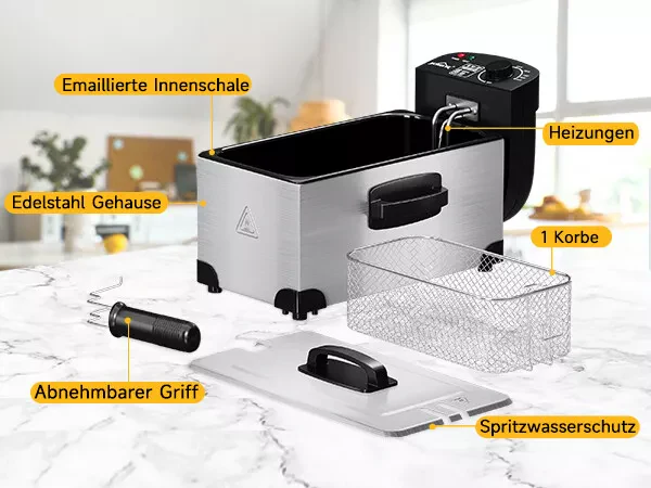HOMELUX Friteuse 3 L 2000W fritteuse mit öl, Temperaturregler, Edelstah fritteuse mit Fett & Öl, Deep Fryer, Elektrische Fritteuse - Image 6