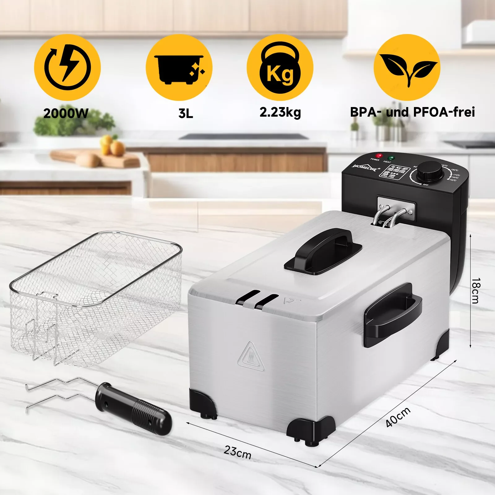 HOMELUX Friteuse 3 L 2000W fritteuse mit öl, Temperaturregler, Edelstah fritteuse mit Fett & Öl, Deep Fryer, Elektrische Fritteuse - Image 7