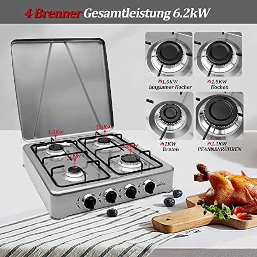 HOMELUX Gaskocher 4 flammig Campingkocher mit Deckel 6,2 kW Kocher Gas Herd Outdoor - Image 4