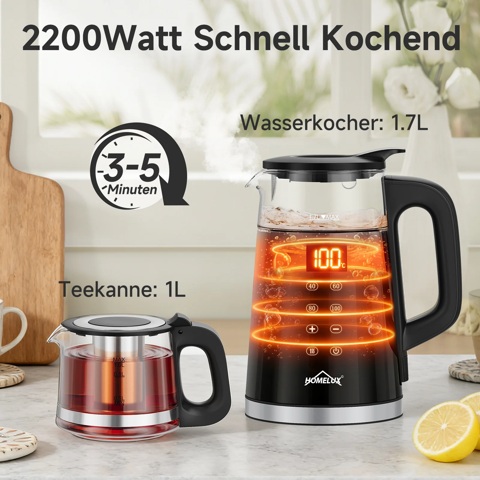 HOMELUX Glas-Wasserkocher mit Teekanne Set, 2200W Teebereiter mit 4 Temperatureinstellungen, Warmhaltefunktion & Edelstahl-Teesieb - Image 3
