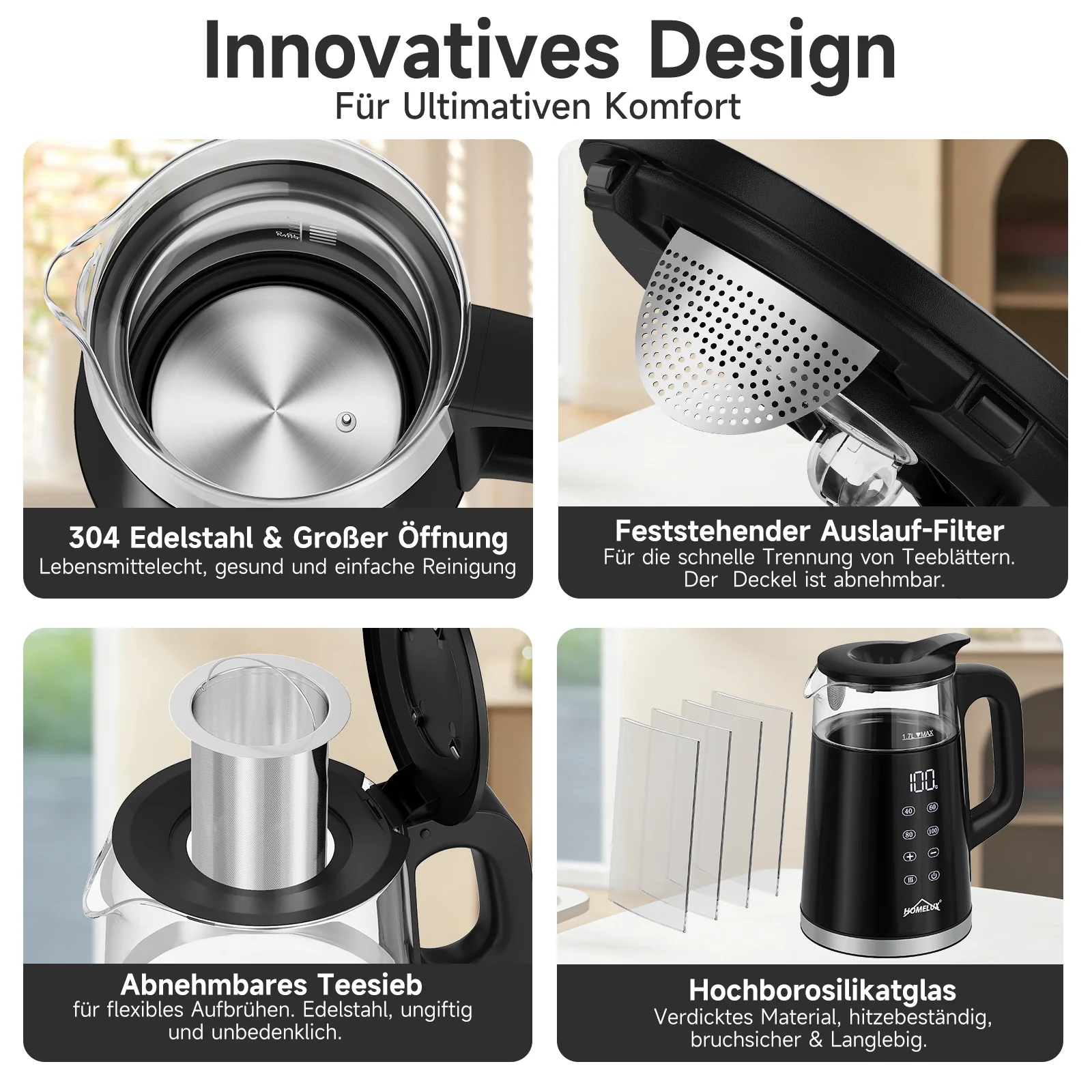 HOMELUX Glas-Wasserkocher mit Teekanne Set, 2200W Teebereiter mit 4 Temperatureinstellungen, Warmhaltefunktion & Edelstahl-Teesieb - Image 5