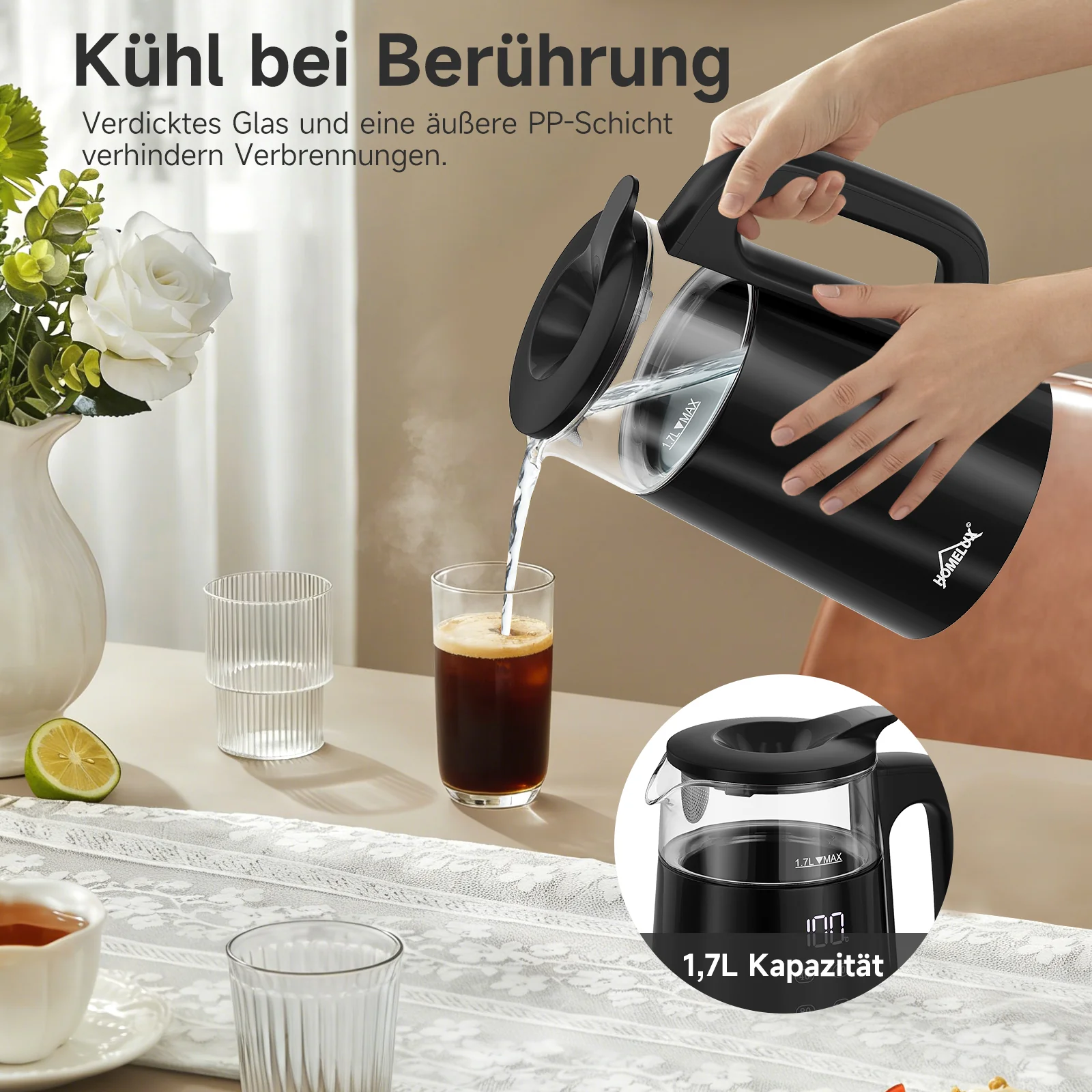 HOMELUX Glas-Wasserkocher mit Teekanne Set, 2200W Teebereiter mit 4 Temperatureinstellungen, Warmhaltefunktion & Edelstahl-Teesieb - Image 6