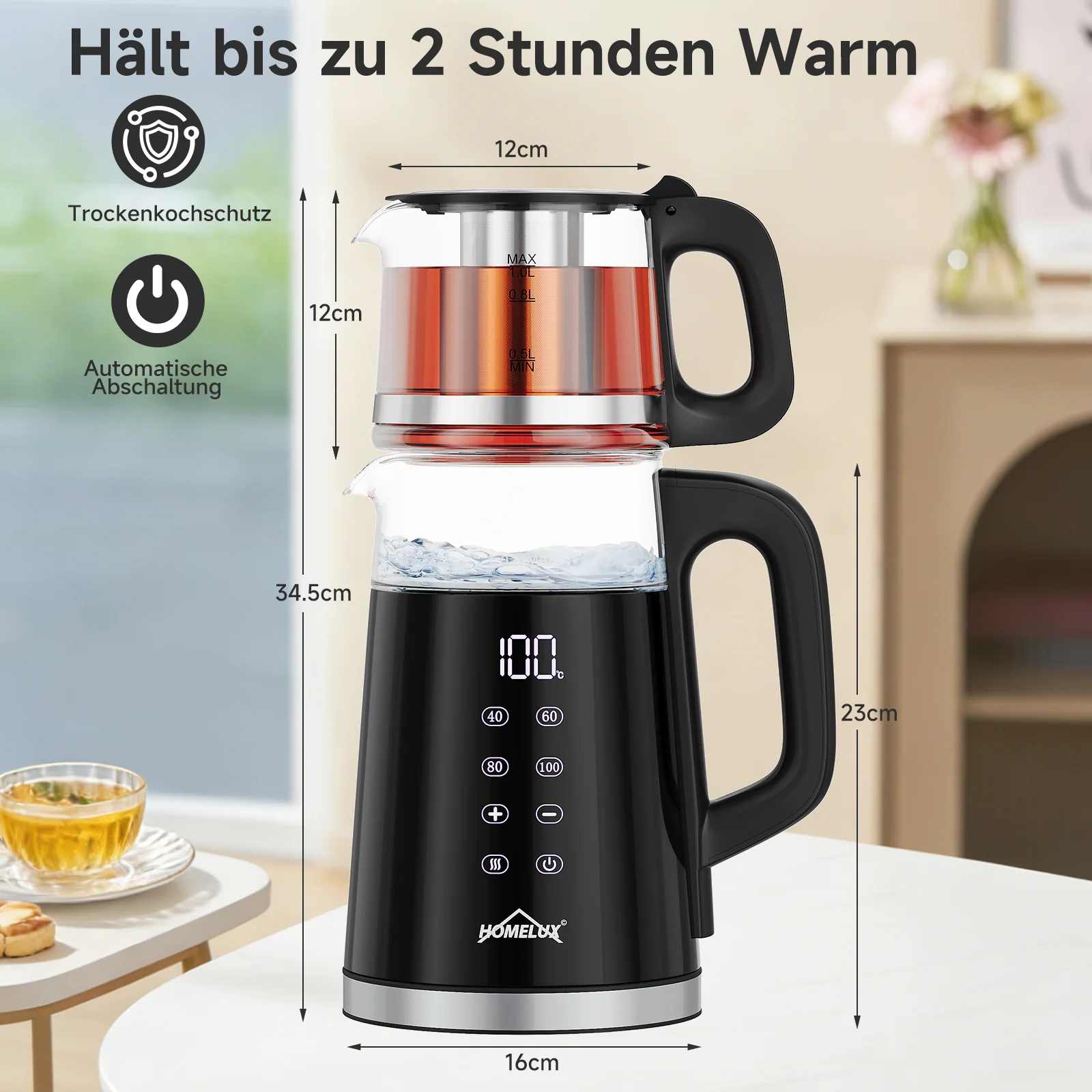 HOMELUX Glas-Wasserkocher mit Teekanne Set, 2200W Teebereiter mit 4 Temperatureinstellungen, Warmhaltefunktion & Edelstahl-Teesieb - Image 7