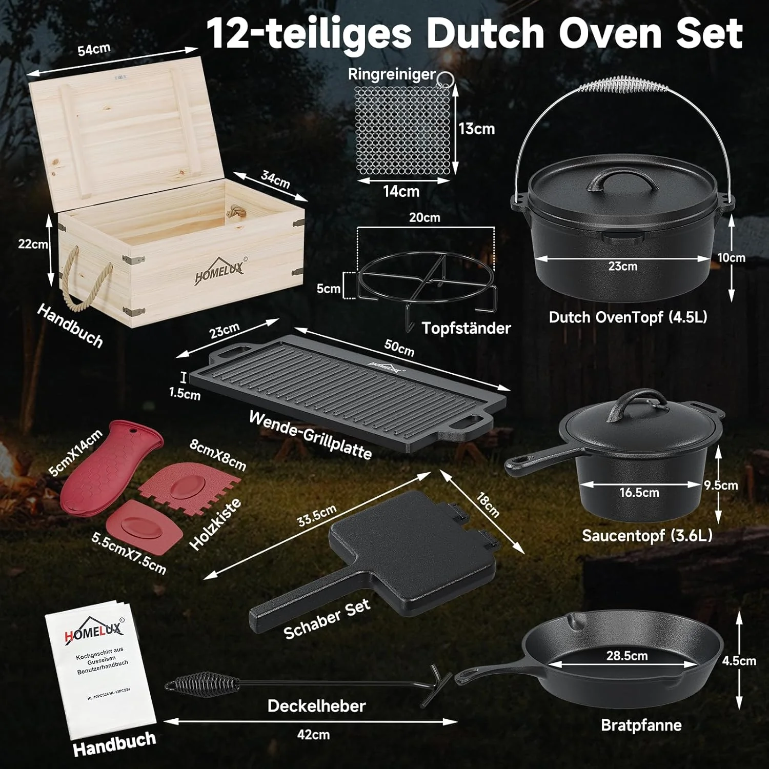 HOMELUX Gusseisen 12-teiliges Dutch Oven Set in Holzkiste – 4,5L Topf, 3,6L Saucier, Grillplatte, Bratpfanne & Komplettes Zubehör - Image 2