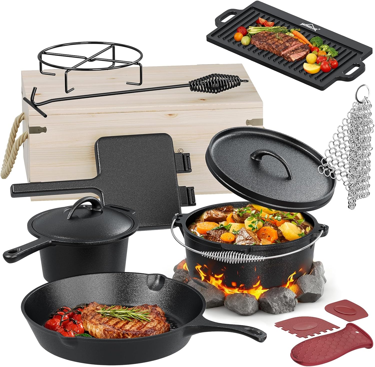 HOMELUX Gusseisen 12-teiliges Dutch Oven Set in Holzkiste – 4,5L Topf, 3,6L Saucier, Grillplatte, Bratpfanne & Komplettes Zubehör - Image 3