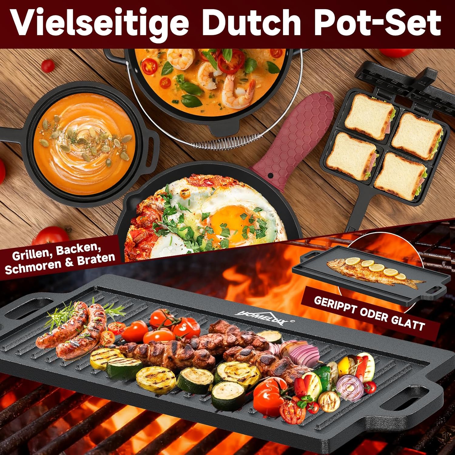 HOMELUX Gusseisen 12-teiliges Dutch Oven Set in Holzkiste – 4,5L Topf, 3,6L Saucier, Grillplatte, Bratpfanne & Komplettes Zubehör - Image 4