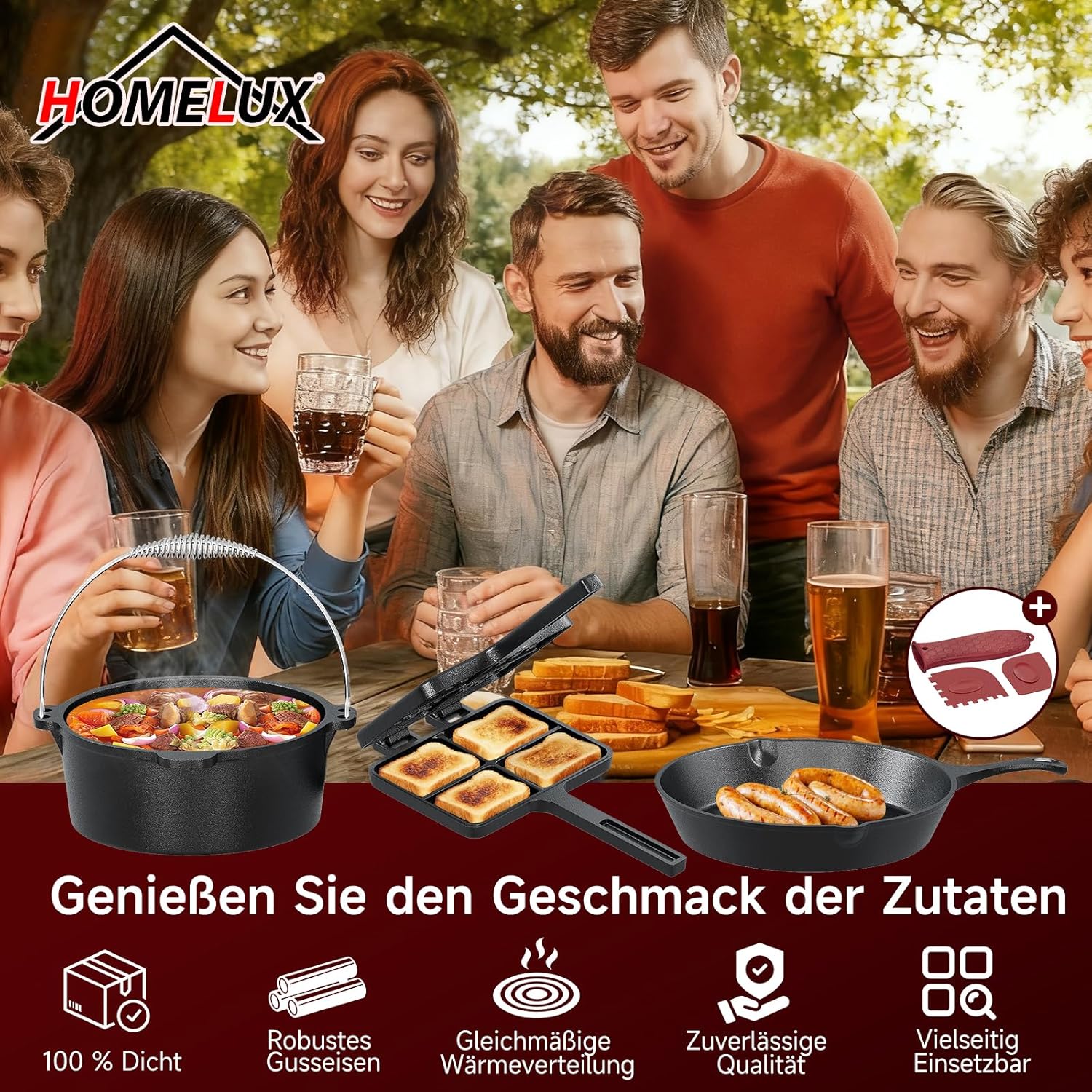 HOMELUX Gusseisen 12-teiliges Dutch Oven Set in Holzkiste – 4,5L Topf, 3,6L Saucier, Grillplatte, Bratpfanne & Komplettes Zubehör - Image 5