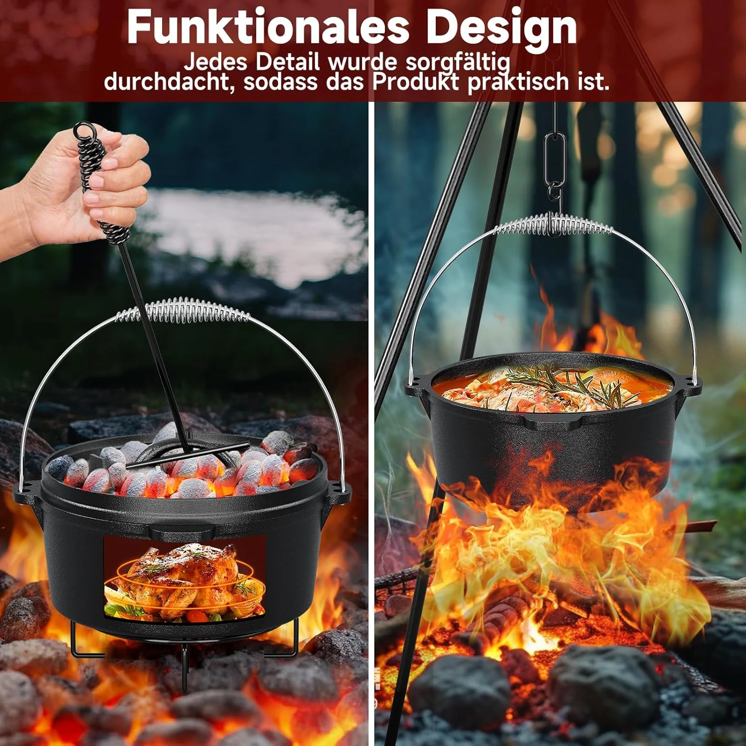HOMELUX Gusseisen 12-teiliges Dutch Oven Set in Holzkiste – 4,5L Topf, 3,6L Saucier, Grillplatte, Bratpfanne & Komplettes Zubehör - Image 6