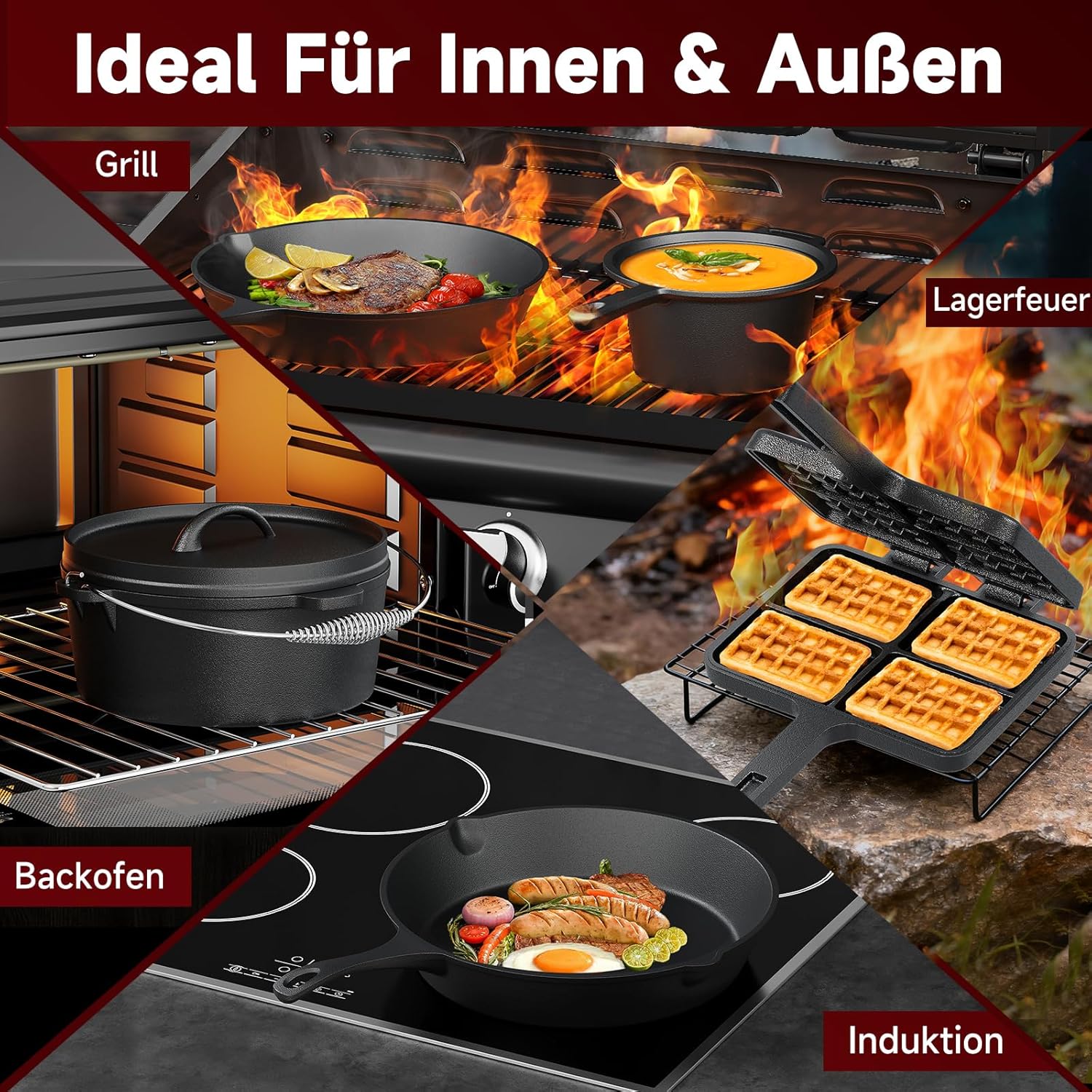 HOMELUX Gusseisen 12-teiliges Dutch Oven Set in Holzkiste – 4,5L Topf, 3,6L Saucier, Grillplatte, Bratpfanne & Komplettes Zubehör - Image 8