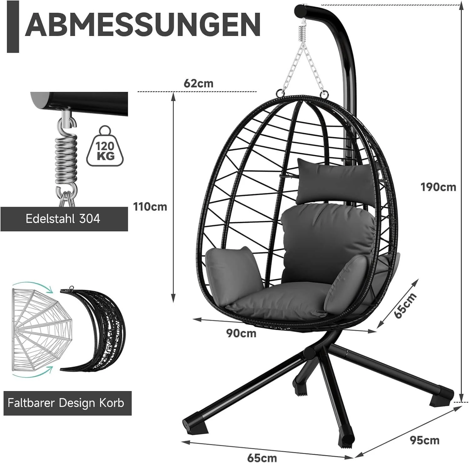 HOMELUX Hängematte mit Gestell, Abdeckung, Hängesessel, Hängeschaukel, Schaukel Outdoor&Indoor, Max. 130 kg (Hängesessel mit Abdeckung) - Image 2
