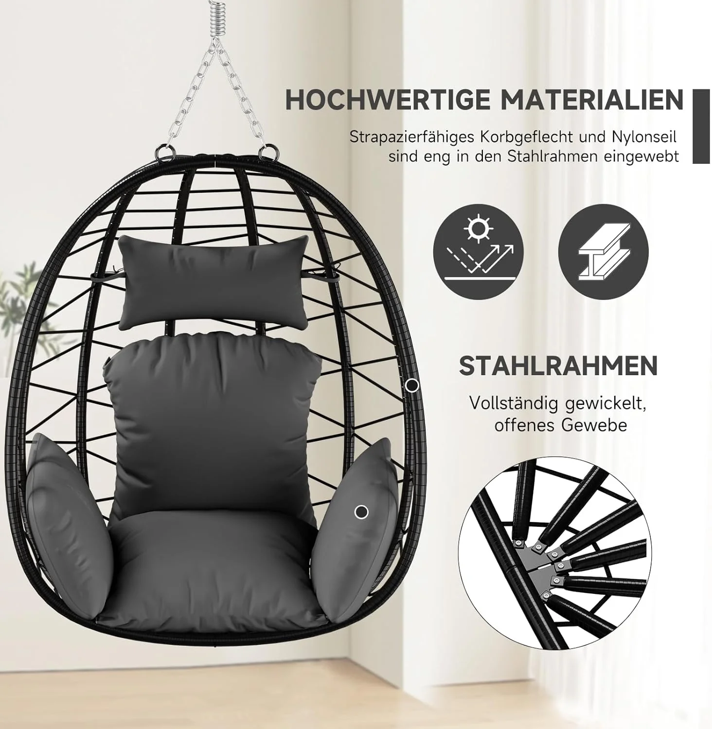 HOMELUX Hängesessel mit Gestell Hängematte Hängestuhl mit Kissen Schaukel Max. 130 kg, Grau - Image 3