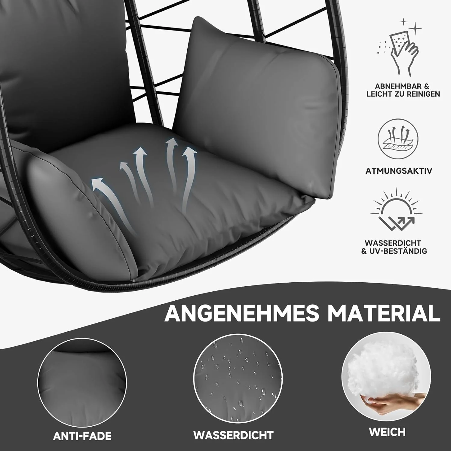 HOMELUX Hängesessel mit Gestell Hängematte Hängestuhl mit Kissen Schaukel Max. 130 kg, Grau - Image 4