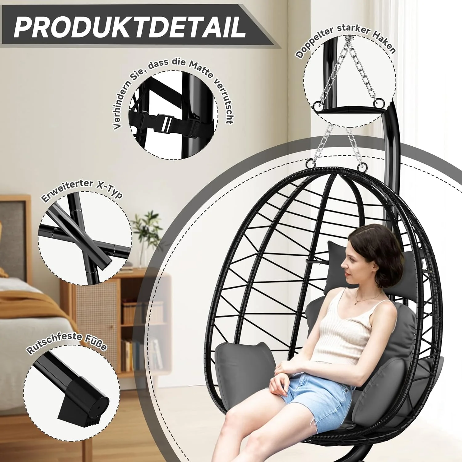 HOMELUX Hängesessel mit Gestell Hängematte Hängestuhl mit Kissen Schaukel Max. 130 kg, Grau - Image 5