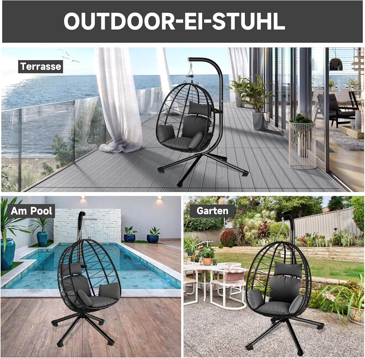 HOMELUX Hängesessel mit Gestell Hängematte Hängestuhl mit Kissen Schaukel Max. 130 kg, Grau - Image 6