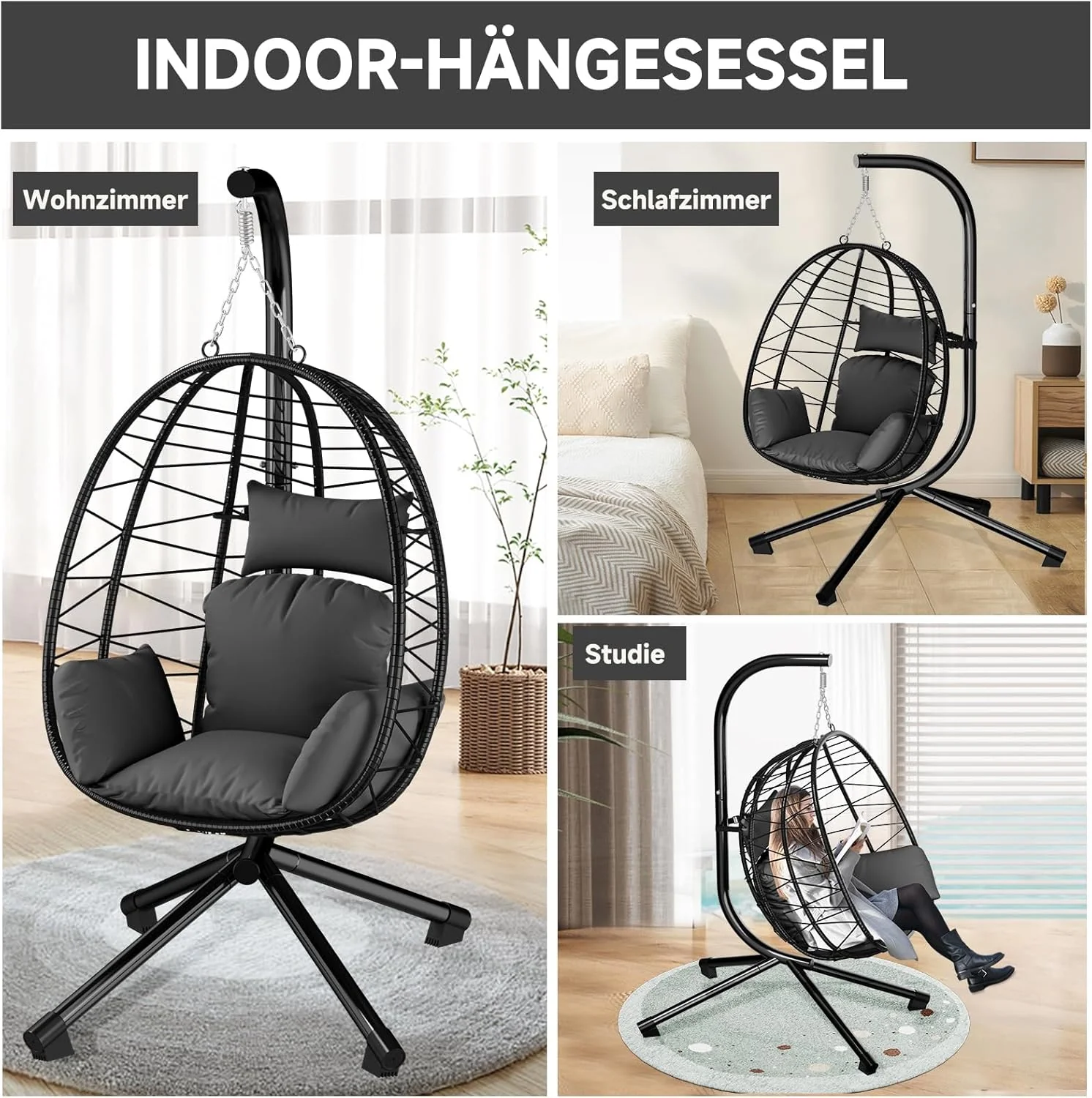 HOMELUX Hängesessel mit Gestell Hängematte Hängestuhl mit Kissen Schaukel Max. 130 kg, Grau - Image 7
