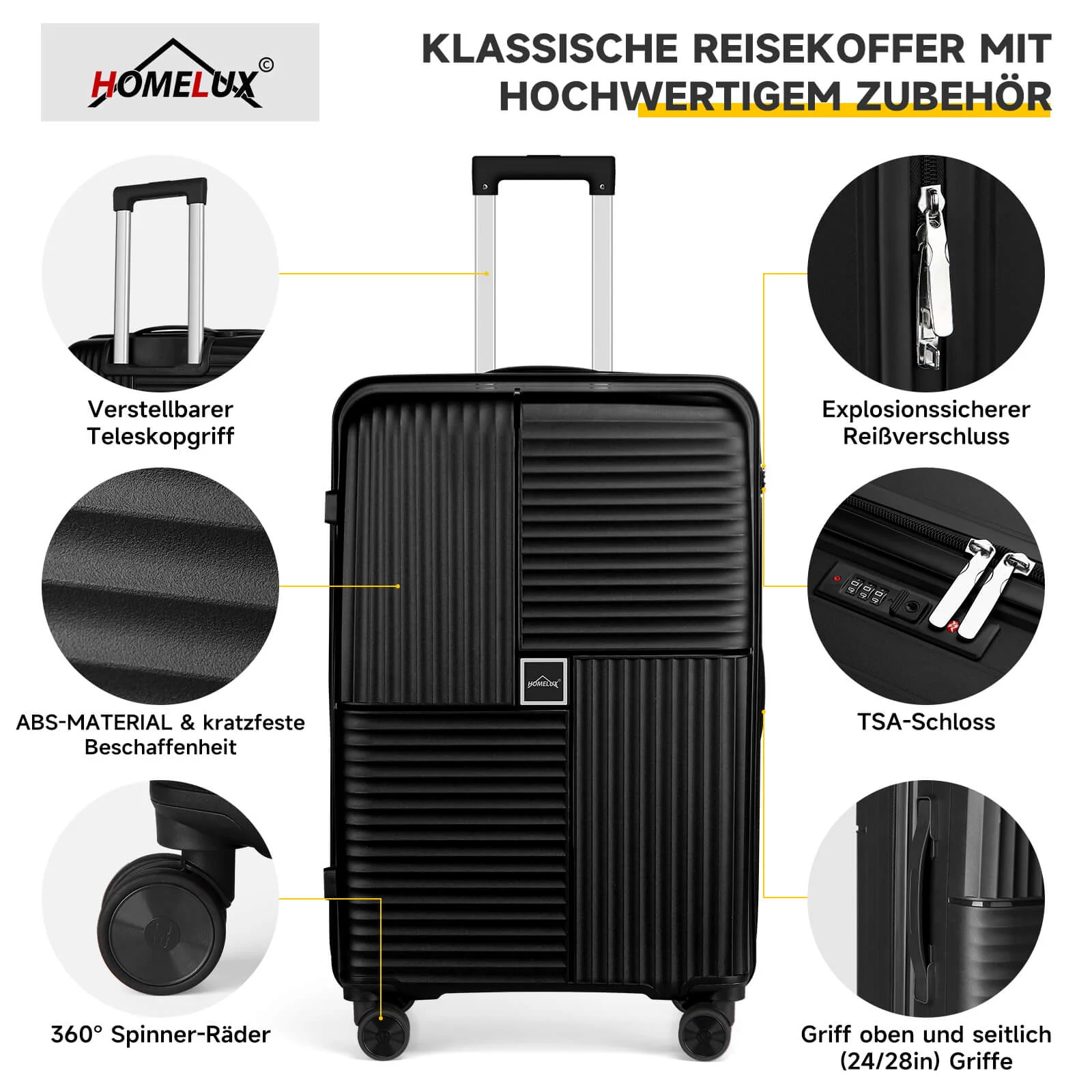 HOMELUX Hartschalenkoffer Set 3-teilig ABS Leicht Trolley Kofferset Rollkoffer Reisekoffer Hartschale M-L-XL - Image 3