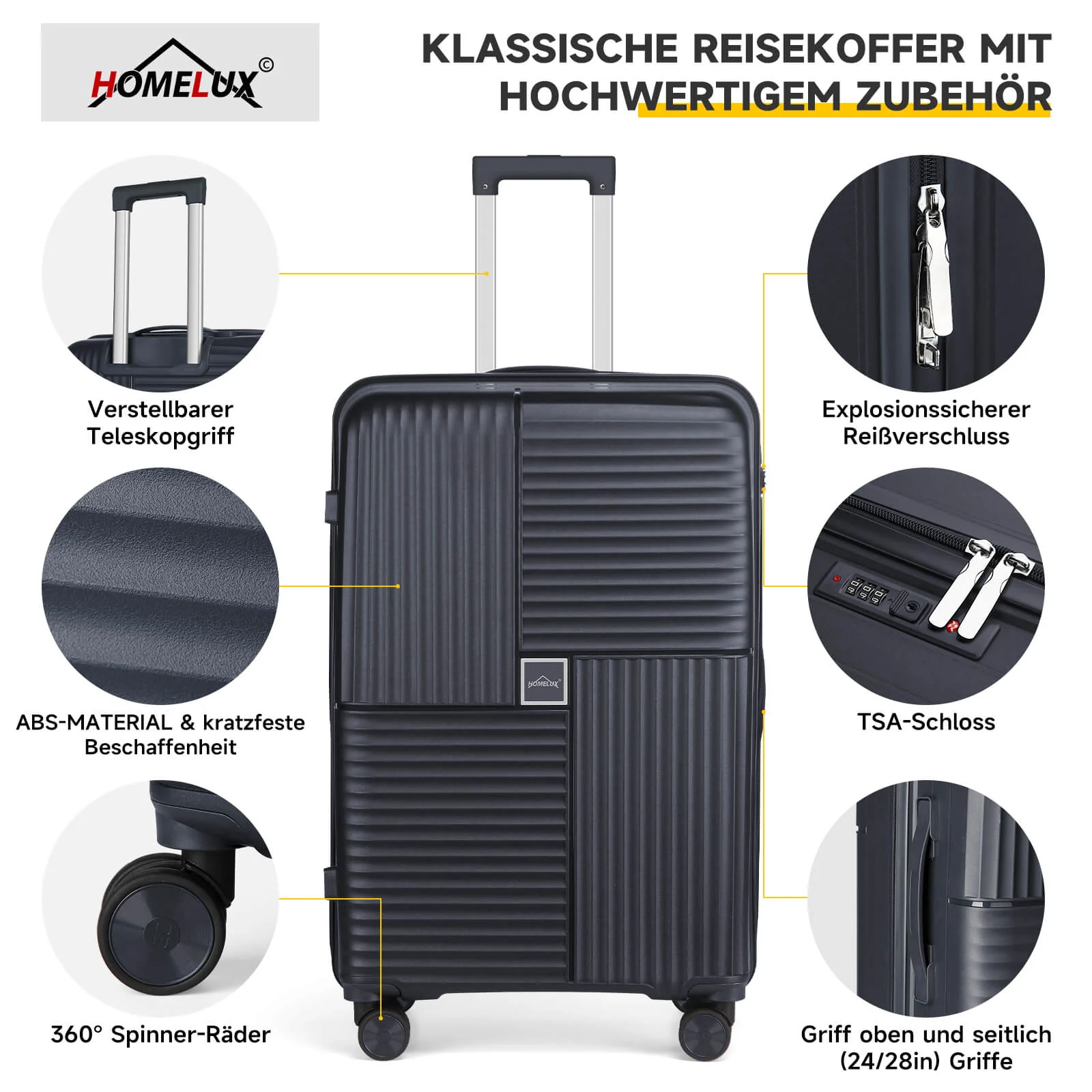 HOMELUX Hartschalenkoffer Set 3-teilig ABS Leicht Trolley Kofferset Rollkoffer Reisekoffer Hartschale M-L-XL - Image 6