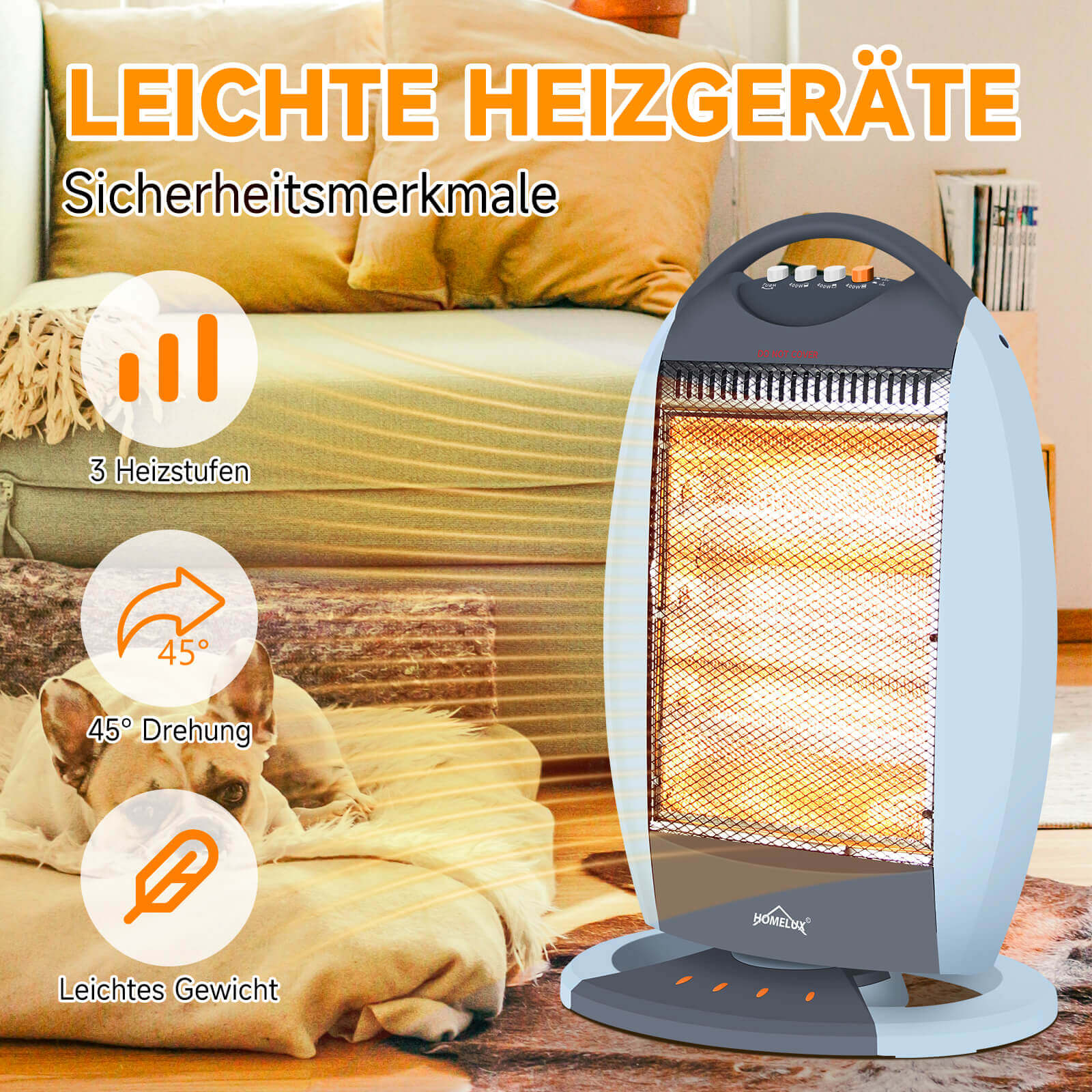 HOMELUX Heizstrahler 3 Stufen, Oszill., 1200W, Geräuschfrei, Sicherheit - Image 8