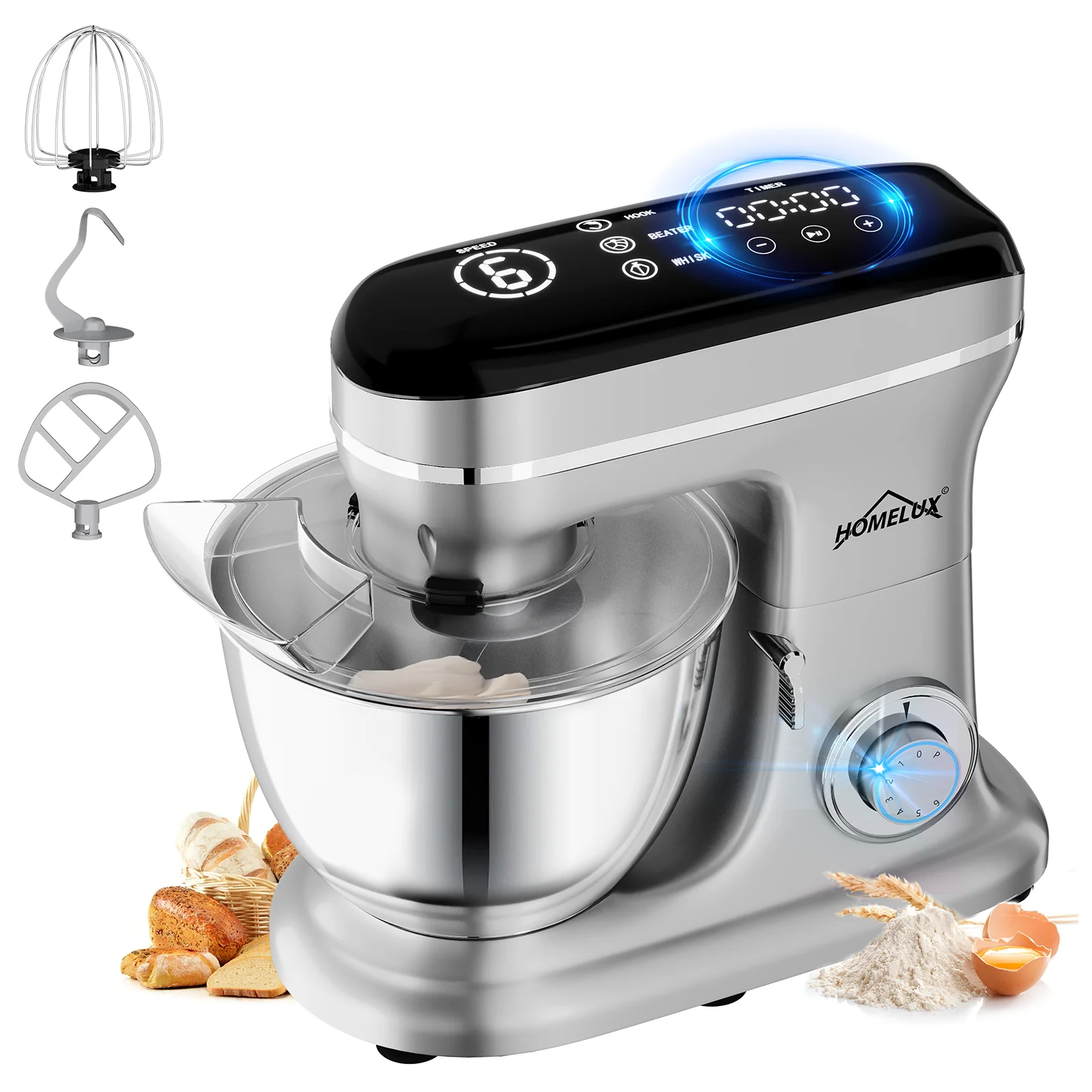HOMELUX Multifunktionale Küchenmaschine – 6-Stufen-Knetmaschine mit LED-Touchscreen und 8L Edelstahlschüssel - Image 13