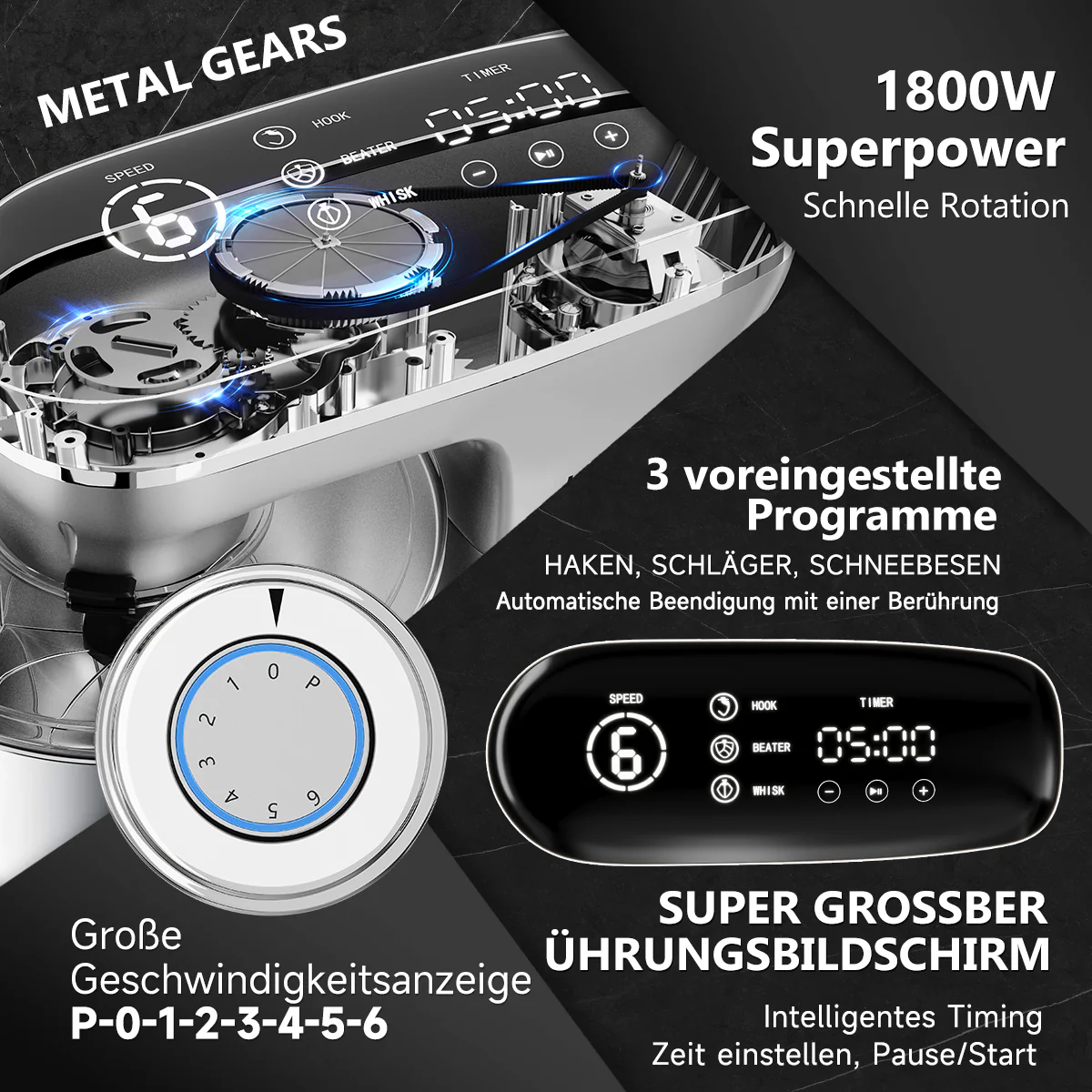 HOMELUX Multifunktionale Küchenmaschine – 6-Stufen-Knetmaschine mit LED-Touchscreen und 8L Edelstahlschüssel - Image 14