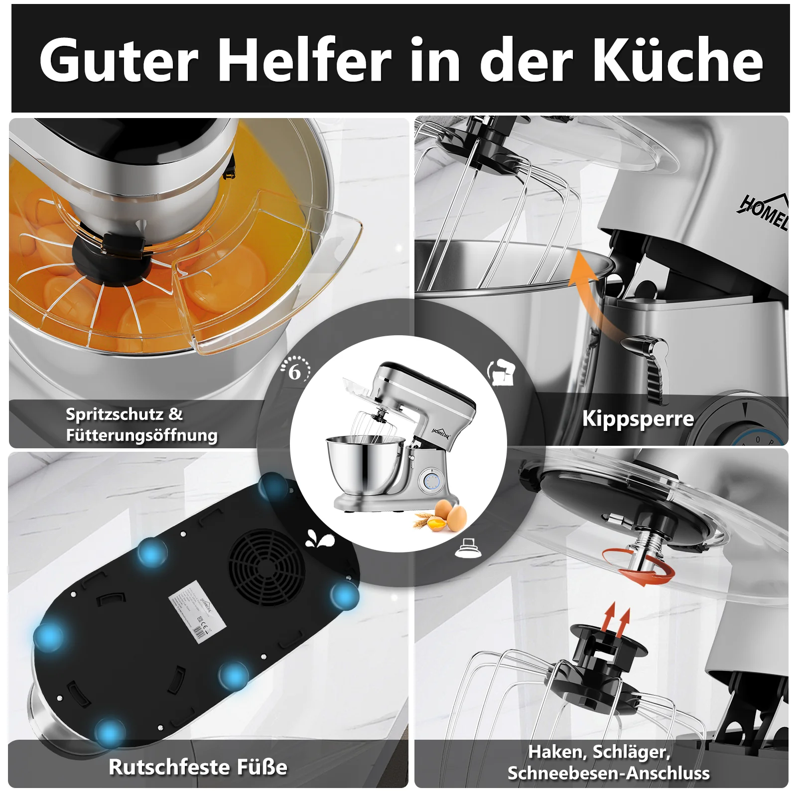 HOMELUX Multifunktionale Küchenmaschine – 6-Stufen-Knetmaschine mit LED-Touchscreen und 8L Edelstahlschüssel - Image 15