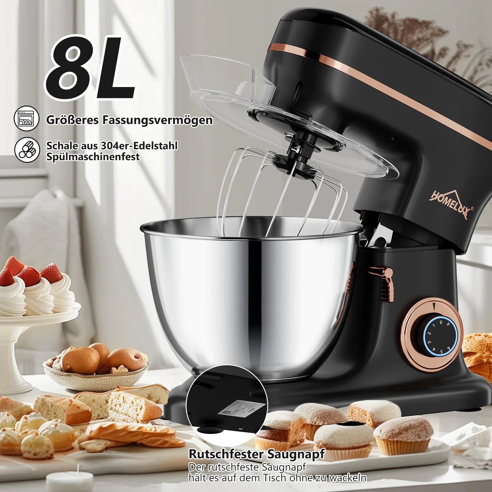 HOMELUX Multifunktionale Küchenmaschine – 6-Stufen-Knetmaschine mit LED-Touchscreen und 8L Edelstahlschüssel - Image 3