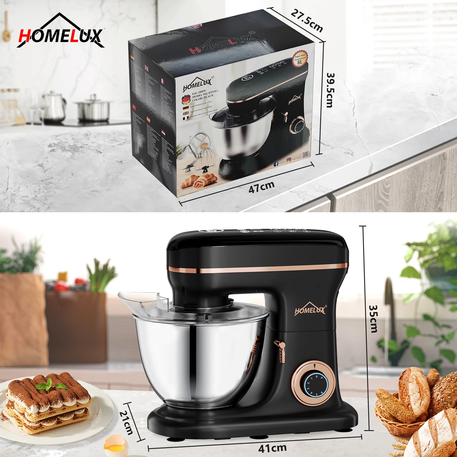 HOMELUX Multifunktionale Küchenmaschine – 6-Stufen-Knetmaschine mit LED-Touchscreen und 8L Edelstahlschüssel - Image 4