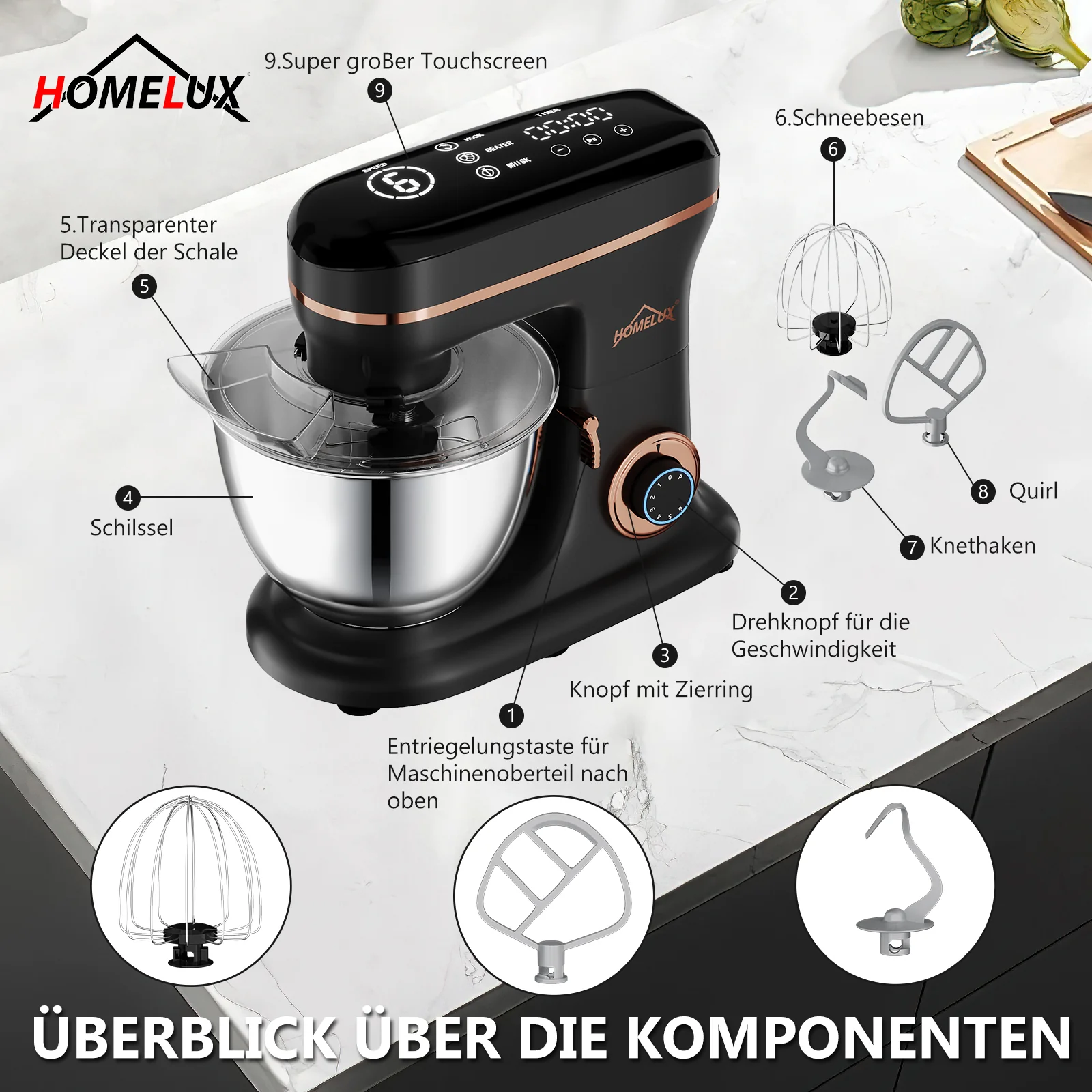 HOMELUX Multifunktionale Küchenmaschine – 6-Stufen-Knetmaschine mit LED-Touchscreen und 8L Edelstahlschüssel - Image 6