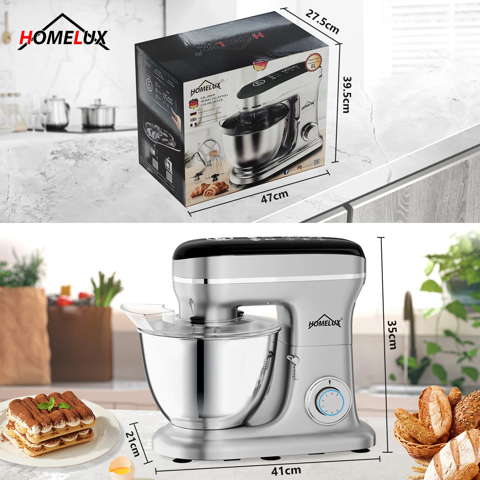 HOMELUX Multifunktionale Küchenmaschine – 6-Stufen-Knetmaschine mit LED-Touchscreen und 8L Edelstahlschüssel - Image 7