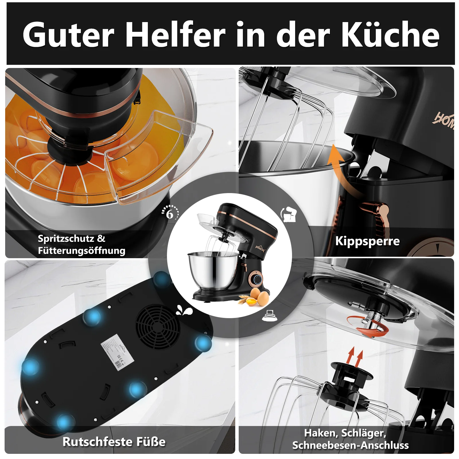 HOMELUX Multifunktionale Küchenmaschine – 6-Stufen-Knetmaschine mit LED-Touchscreen und 8L Edelstahlschüssel - Image 8