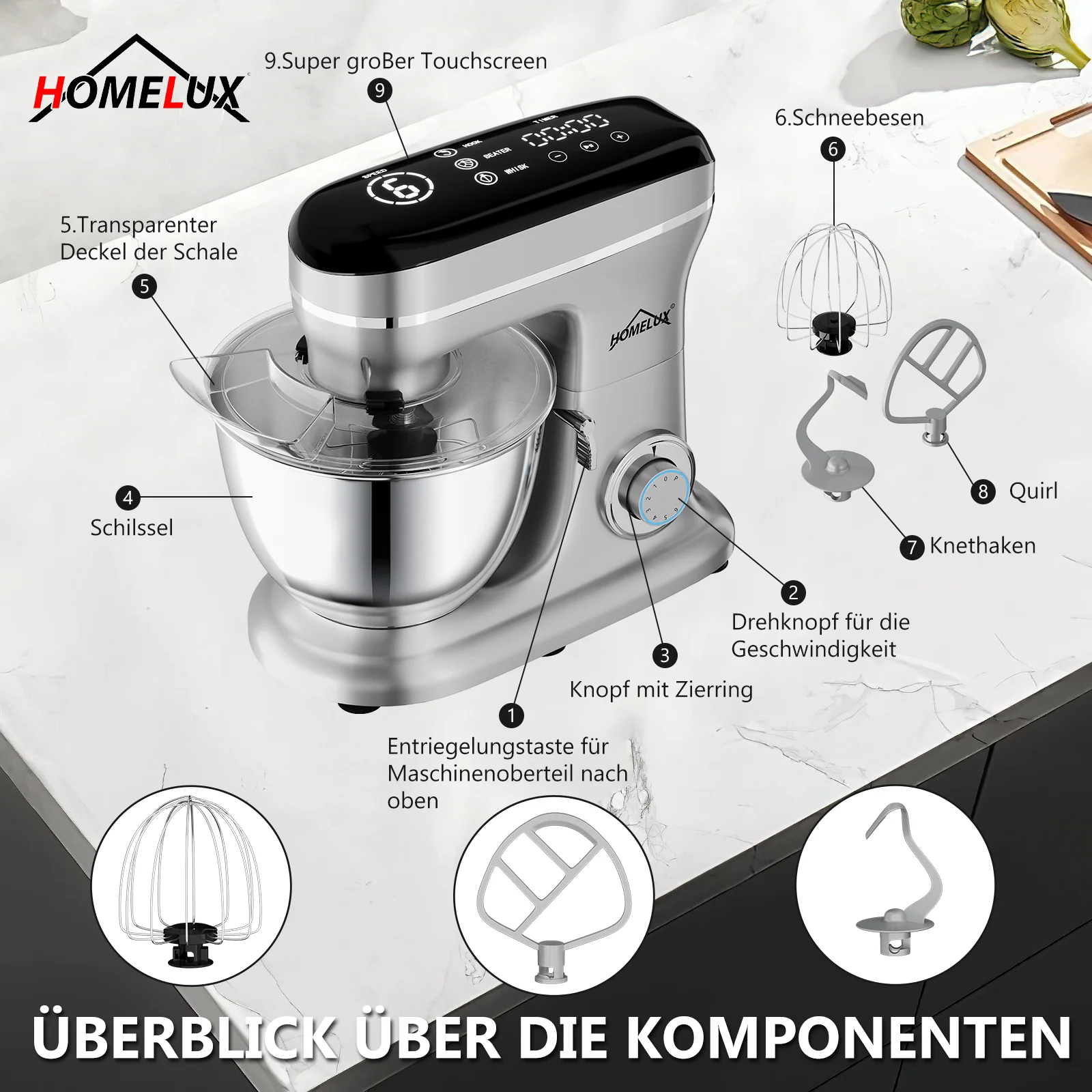 HOMELUX Multifunktionale Küchenmaschine – 6-Stufen-Knetmaschine mit LED-Touchscreen und 8L Edelstahlschüssel - Image 9