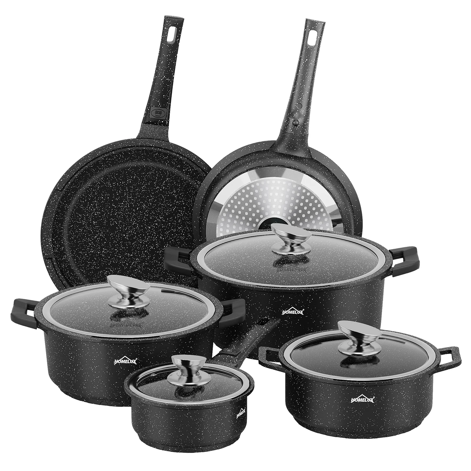 HOMELUX Kochgeschirr-Set 10-teilig, induktionsgeeignetes stapelbares Topfset für alle Herdarten, backofengeeignet, schwarz - Image 10