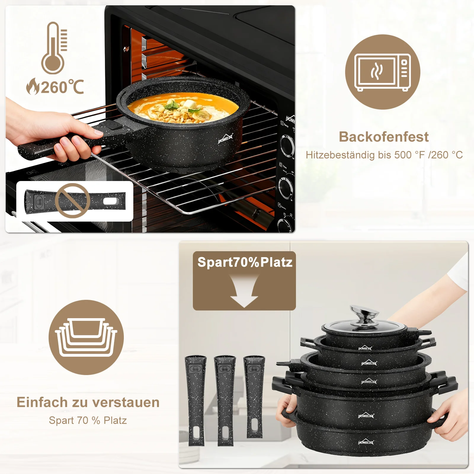 HOMELUX Kochgeschirr-Set 10-teilig, induktionsgeeignetes stapelbares Topfset für alle Herdarten, backofengeeignet, schwarz - Image 6