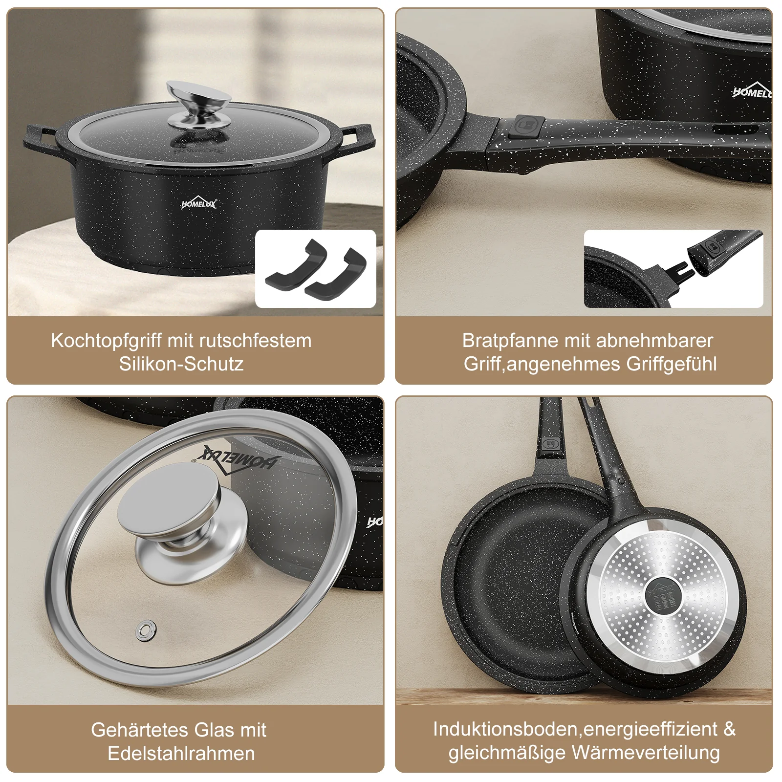 HOMELUX Kochgeschirr-Set 10-teilig, induktionsgeeignetes stapelbares Topfset für alle Herdarten, backofengeeignet, schwarz - Image 7