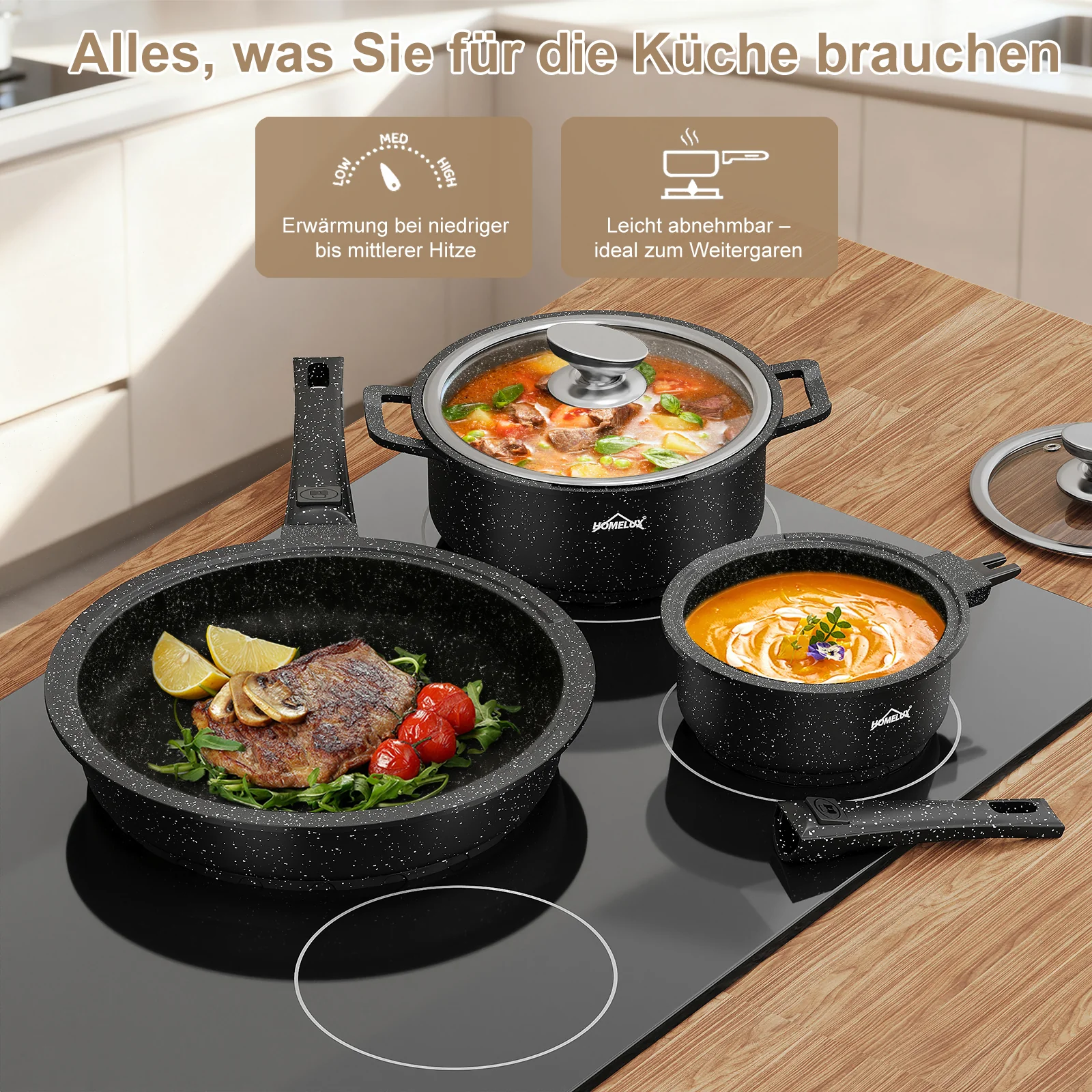 HOMELUX Kochgeschirr-Set 10-teilig, induktionsgeeignetes stapelbares Topfset für alle Herdarten, backofengeeignet, schwarz - Image 8