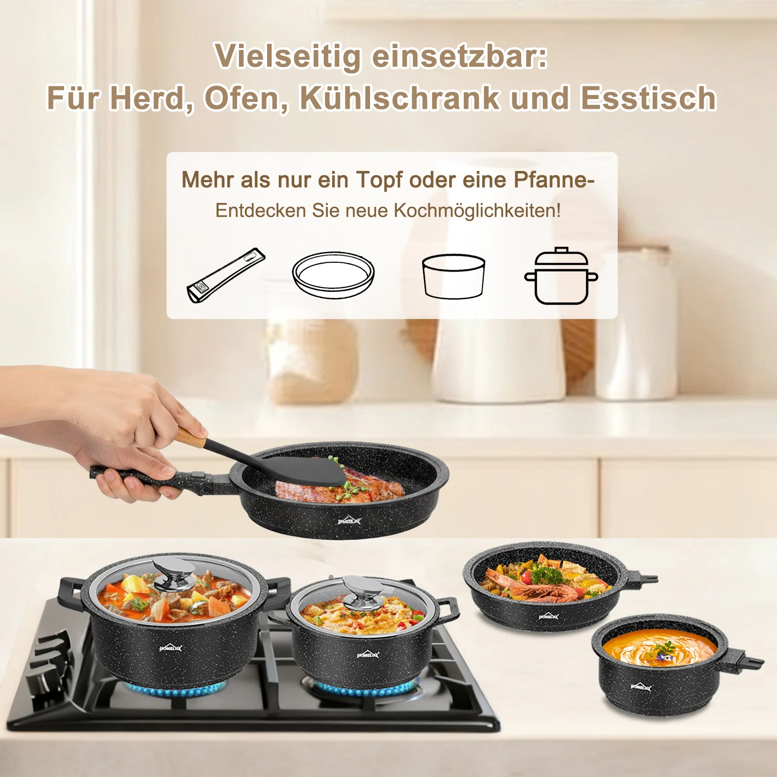 HOMELUX Kochgeschirr-Set 10-teilig, induktionsgeeignetes stapelbares Topfset für alle Herdarten, backofengeeignet, schwarz - Image 9