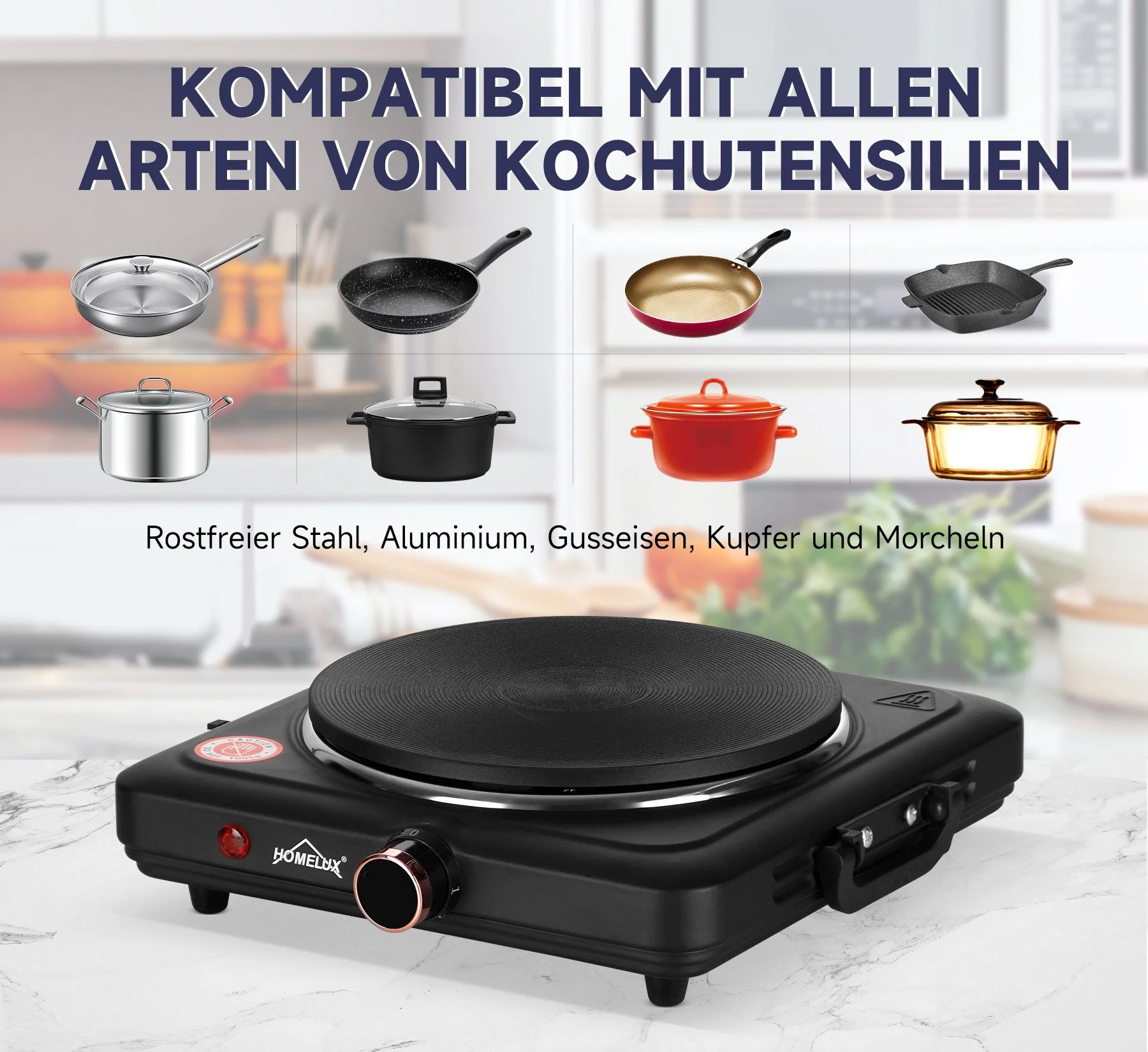 HOMELUX Kochplatte Einzelkochplatte Kochplatte 1000/1500W Herdplatte, Einzeln Regelbare 5 Heizstufen - Image 5