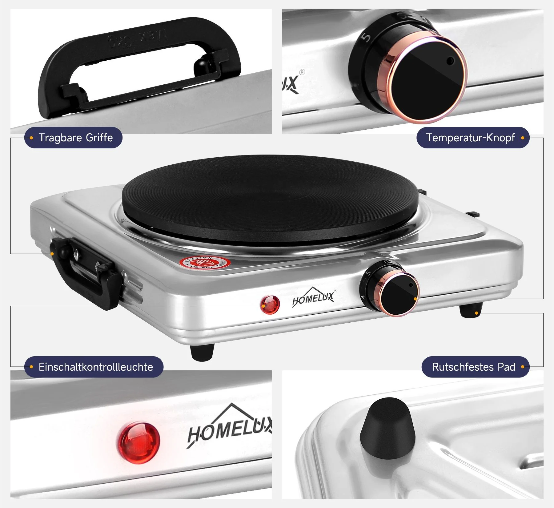 HOMELUX Kochplatte Einzelkochplatte Kochplatte 1000/1500W Herdplatte, Einzeln Regelbare 5 Heizstufen - Image 9