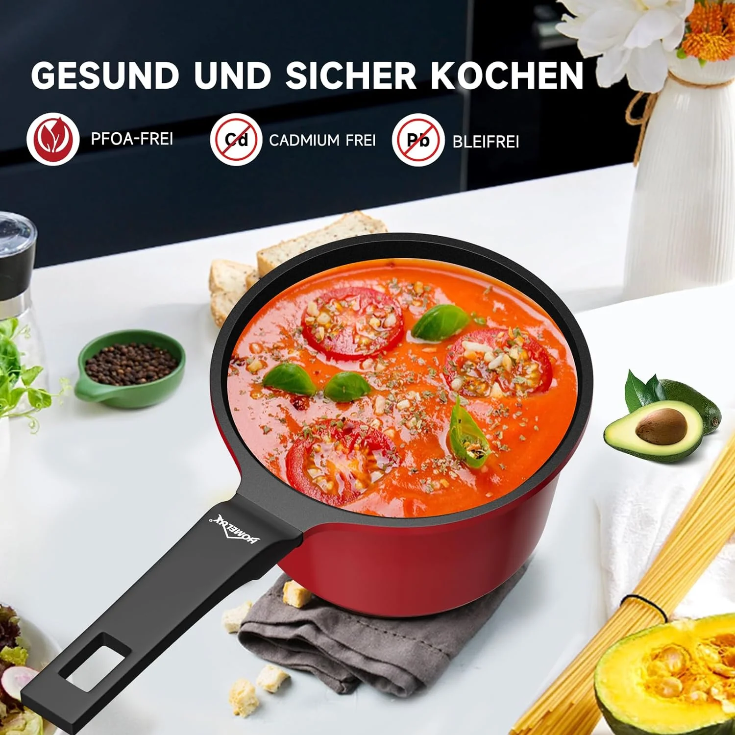 HOMELUX Gusseisen Kochtopf: Kasserolle, Stieltopf, Milchpfanne. Beschichtet, für Induktions-, Elektro- und Gasherd. In Kirschrot - Image 13