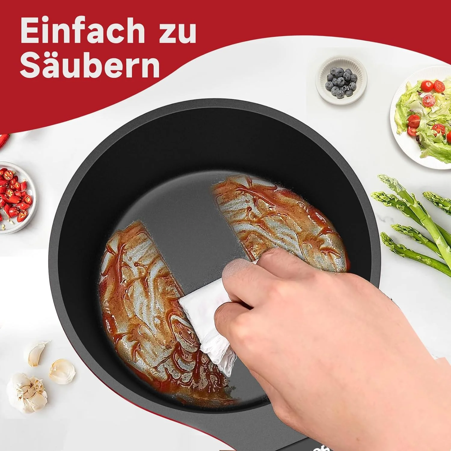HOMELUX Gusseisen Kochtopf: Kasserolle, Stieltopf, Milchpfanne. Beschichtet, für Induktions-, Elektro- und Gasherd. In Kirschrot - Image 14