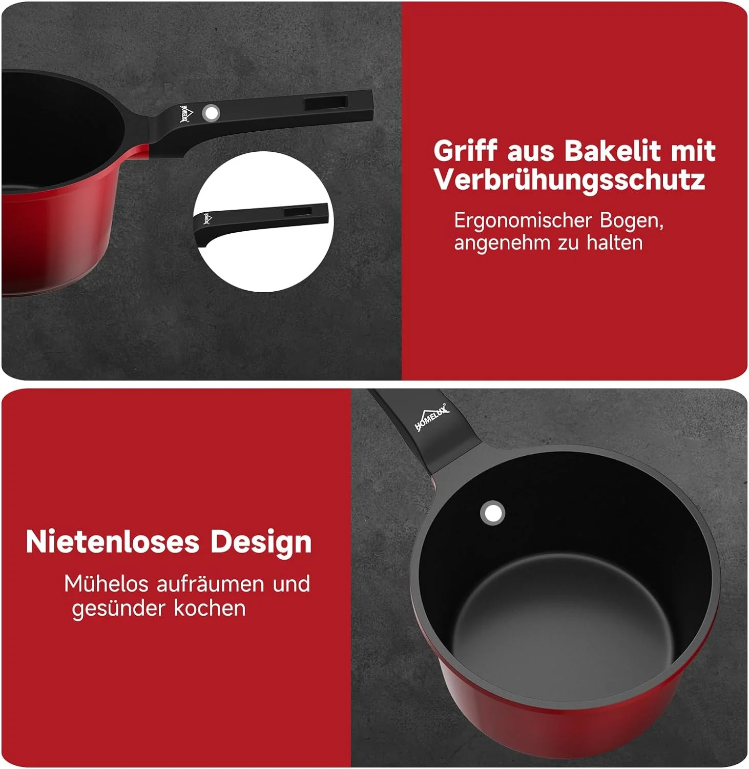 HOMELUX Gusseisen Kochtopf: Kasserolle, Stieltopf, Milchpfanne. Beschichtet, für Induktions-, Elektro- und Gasherd. In Kirschrot - Image 15