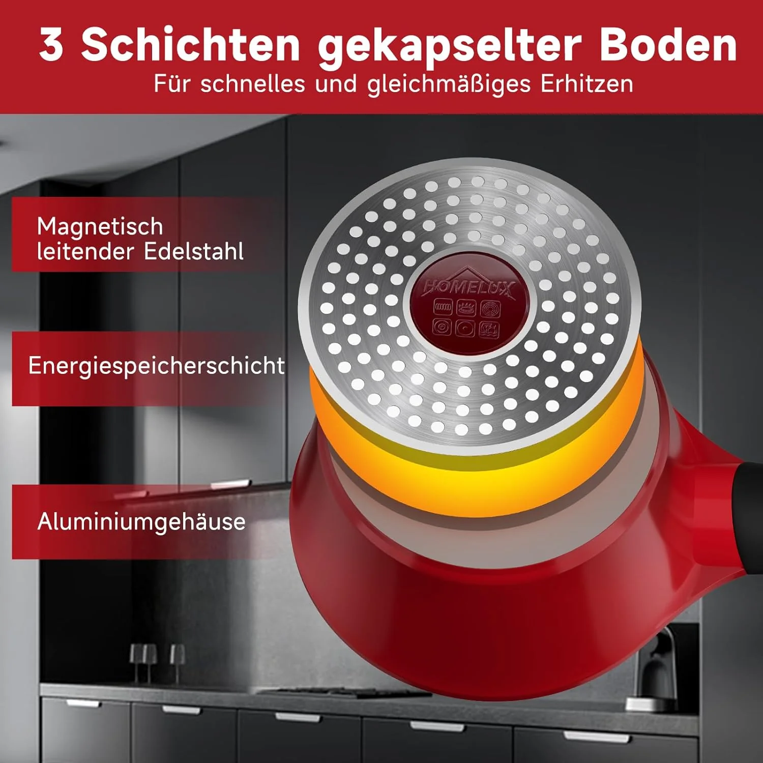 HOMELUX Gusseisen Kochtopf: Kasserolle, Stieltopf, Milchpfanne. Beschichtet, für Induktions-, Elektro- und Gasherd. In Kirschrot - Image 5