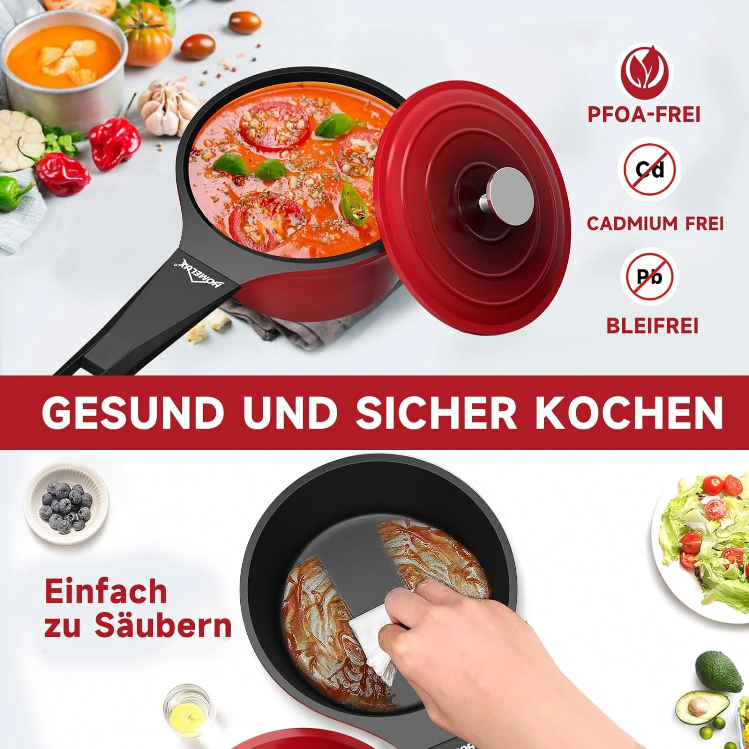 HOMELUX Gusseisen Kochtopf: Kasserolle, Stieltopf, Milchpfanne. Beschichtet, für Induktions-, Elektro- und Gasherd. In Kirschrot - Image 7