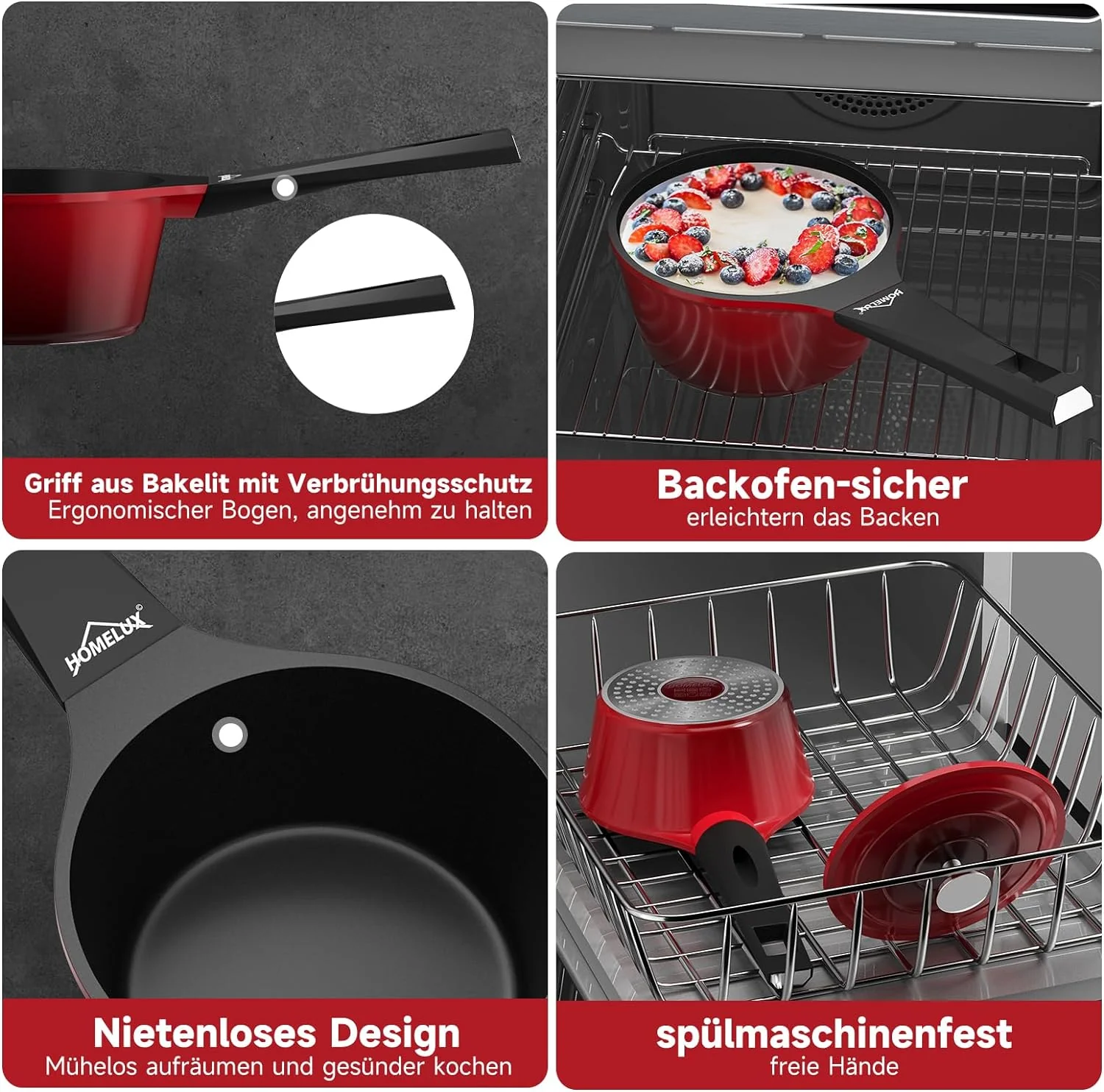 HOMELUX Gusseisen Kochtopf: Kasserolle, Stieltopf, Milchpfanne. Beschichtet, für Induktions-, Elektro- und Gasherd. In Kirschrot - Image 8