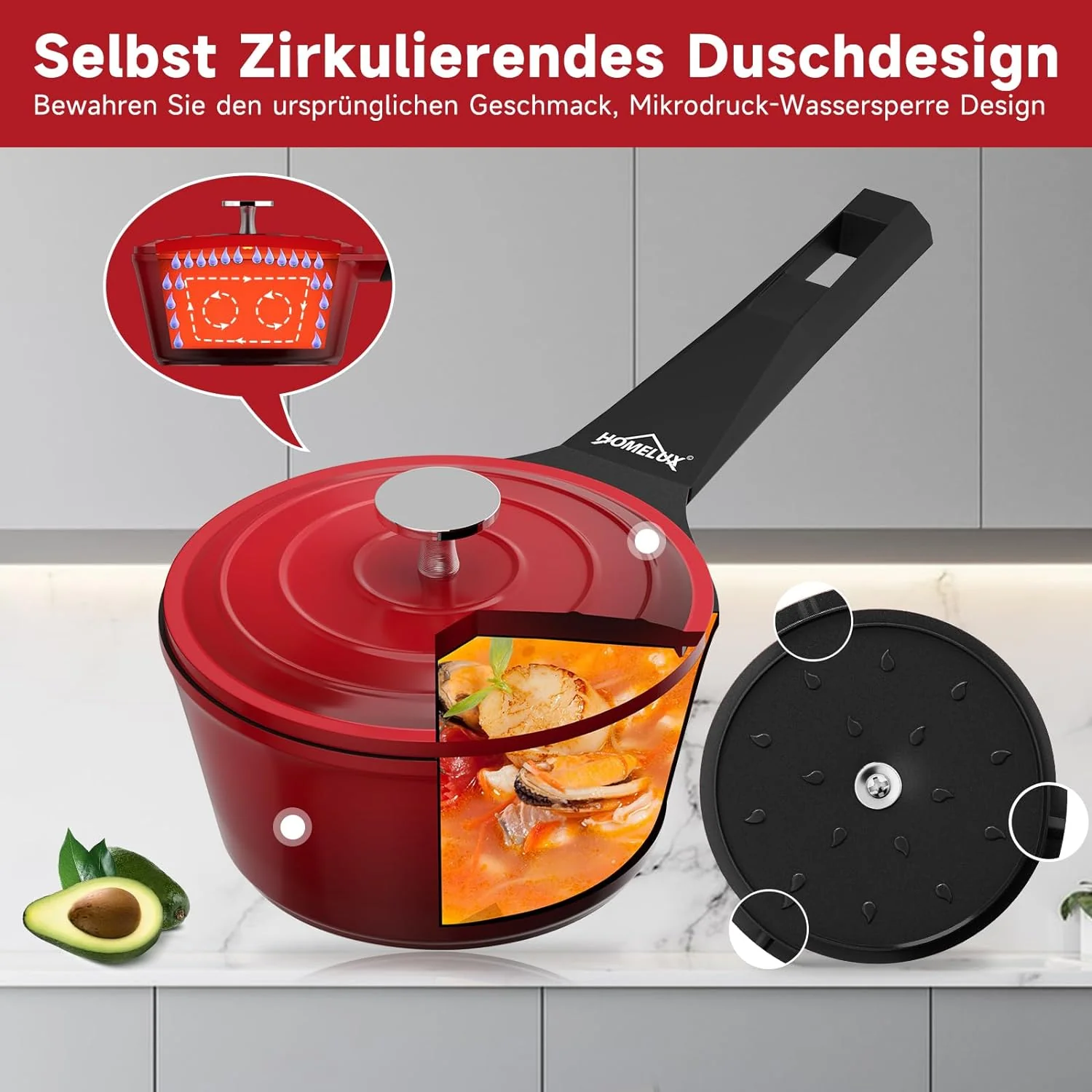 HOMELUX Gusseisen Kochtopf: Kasserolle, Stieltopf, Milchpfanne. Beschichtet, für Induktions-, Elektro- und Gasherd. In Kirschrot - Image 9