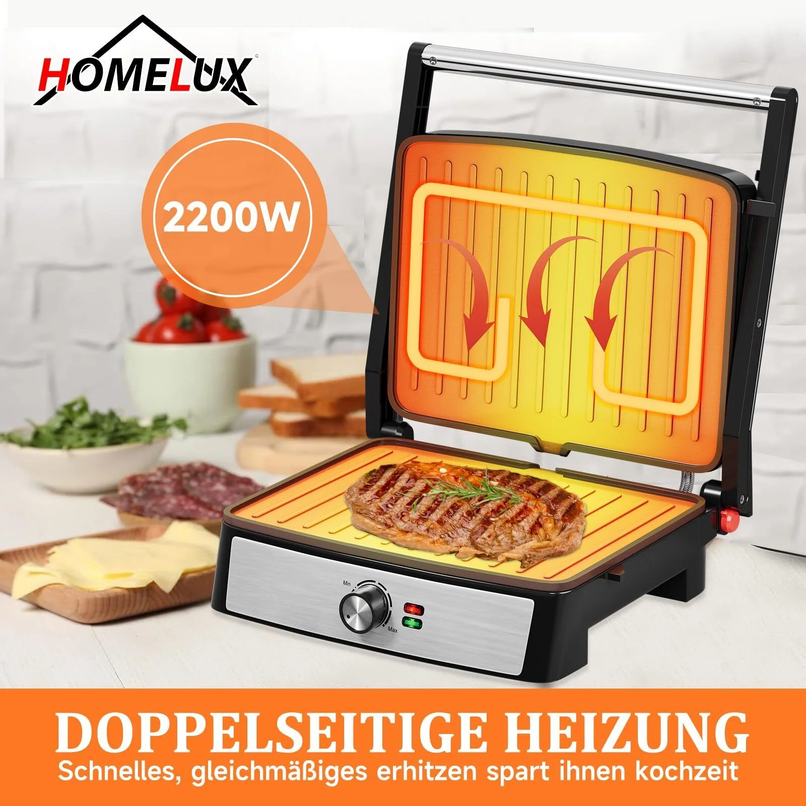Kontaktgrill Sandwichmaker Panini Grill 2200W Toaster HOMELUX 34x23CM 3-in-1 Multifunktionsgrill für Paninis, Steaks, Sandwiches - Image 11