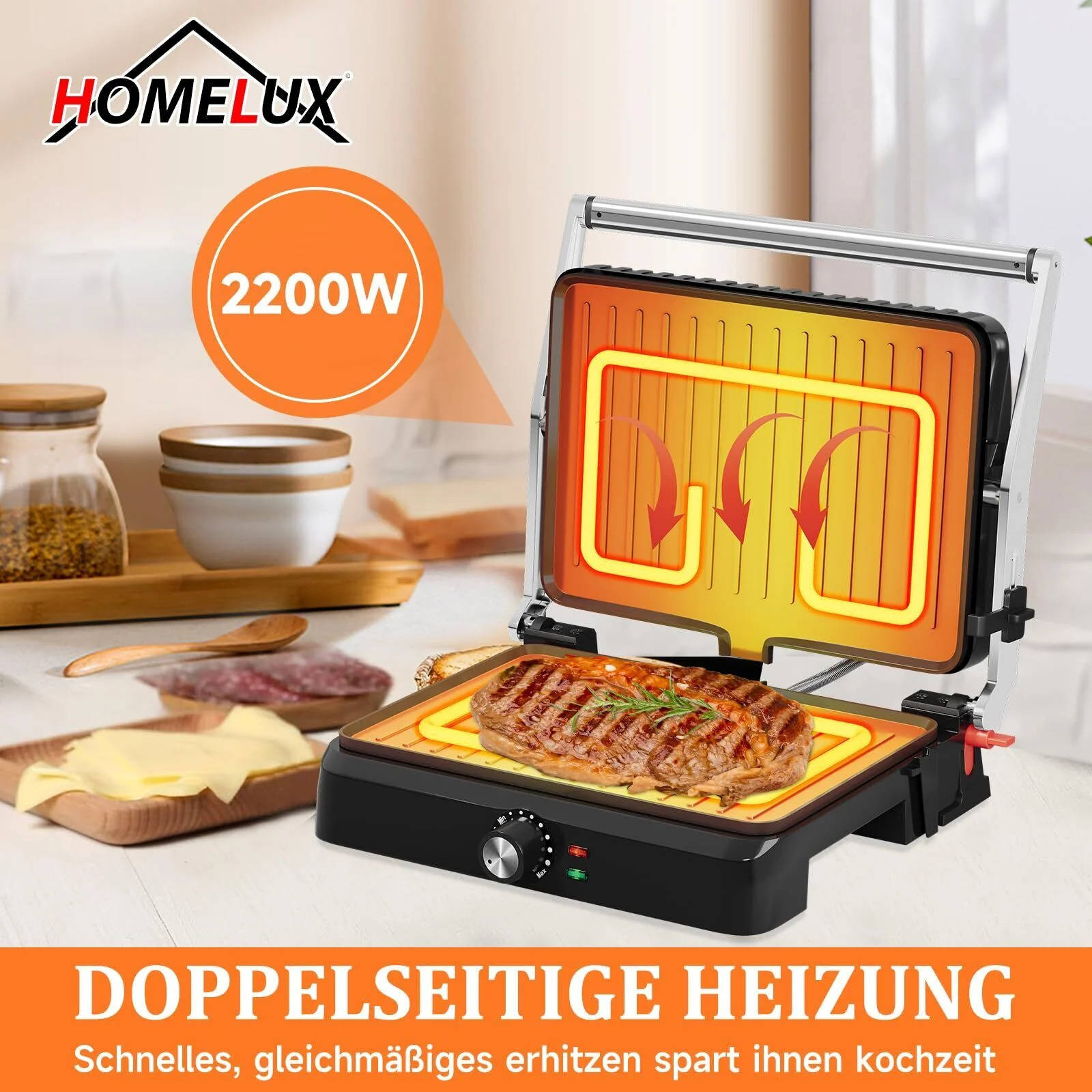 Kontaktgrill Sandwichmaker Panini Grill 2200W Toaster HOMELUX 34x23CM 3-in-1 Multifunktionsgrill für Paninis, Steaks, Sandwiches - Image 19